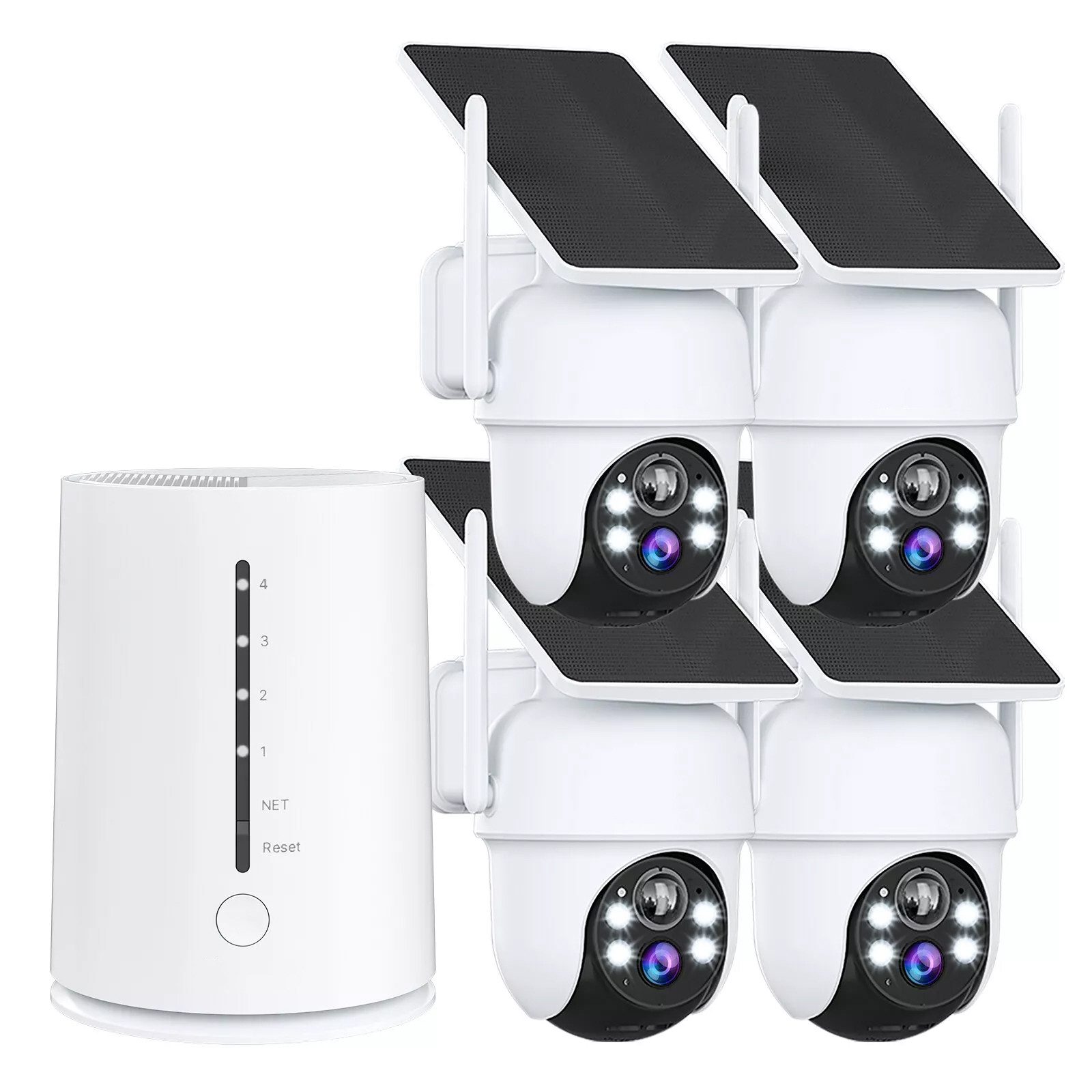 Topcony Überwachungskamera 4MP FHD Überwachungskamera Set Aussen Solar/Akku mit Basisstation (Innenbereich, Außenbereich, 100% Kabellos Eingebettetes Solarpanel,Kinderleichte Installation, 360° Schwenkbar, Farbige Nachtsicht mit Flutlicht, 4CH Basisstatio