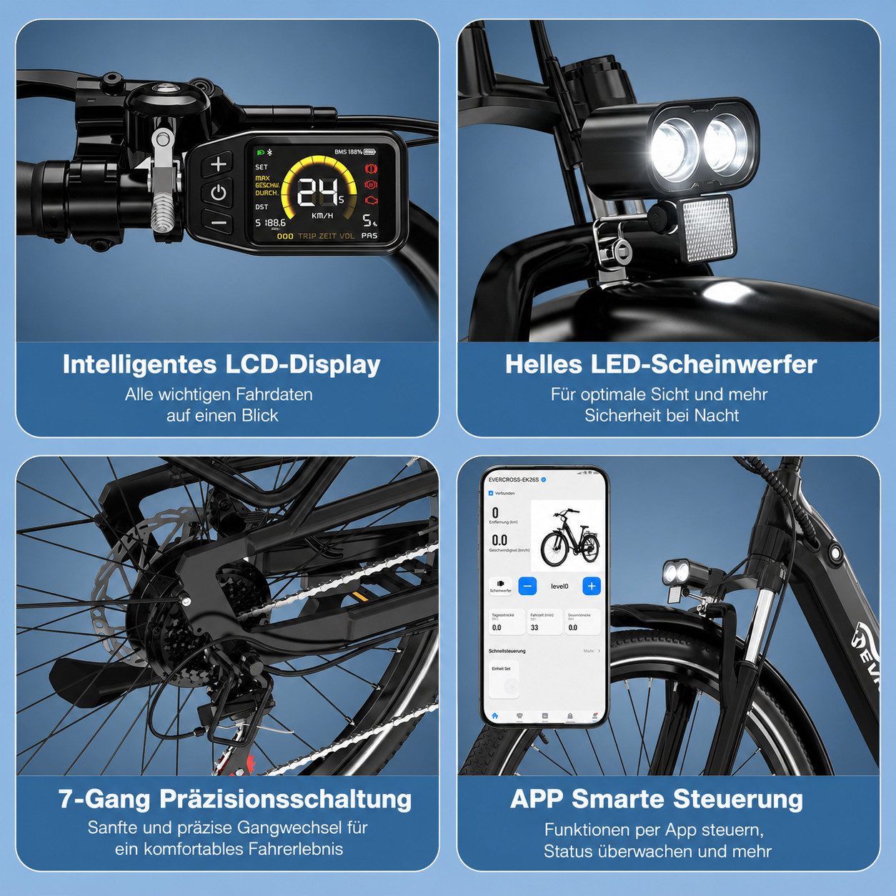EVERCROSS TECH E-Bike EK25 für Erwachsene, Drehmomentsensor, 36V 468Wh,100km Reichweite, 7 Gang Shimano, Heckmotor, 468 Wh, 27,5 Zoll, 7-Gang Shimano, App Bluet – Bild 5 von 5