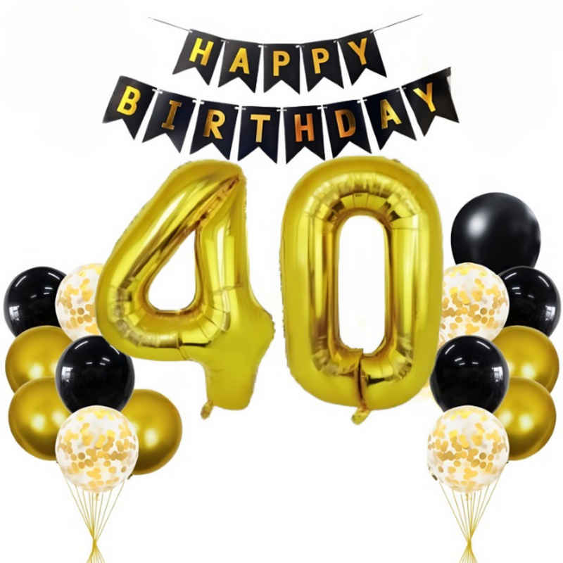 Montegoni Aufblasbares Partyzubehör 40 Geburtstag Deko Set Schwarz Gold, 20 Teilig Set: Girlande, Zahlen, Stern, Konfetti, Latex Ballons