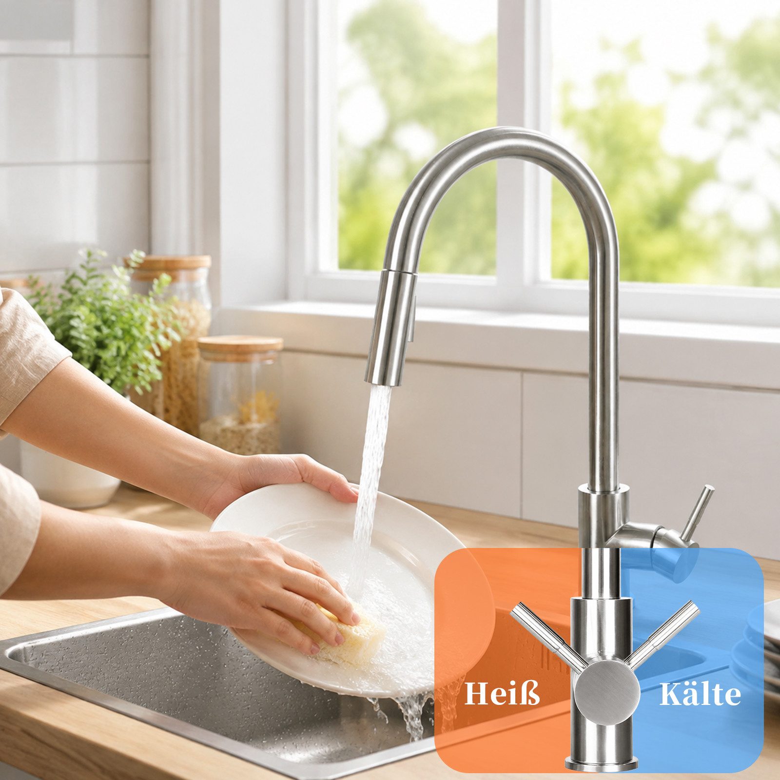 Ledklang Küchenarmatur ausziehbar Schwarz/silber 2-in-1 Wasserhahn Brausekopf Pendelbrause (1-St) Edelstahl-Optik hoher Auslauf 360° schwenkbar für Spüle & Wasc – Bild 3 von 5