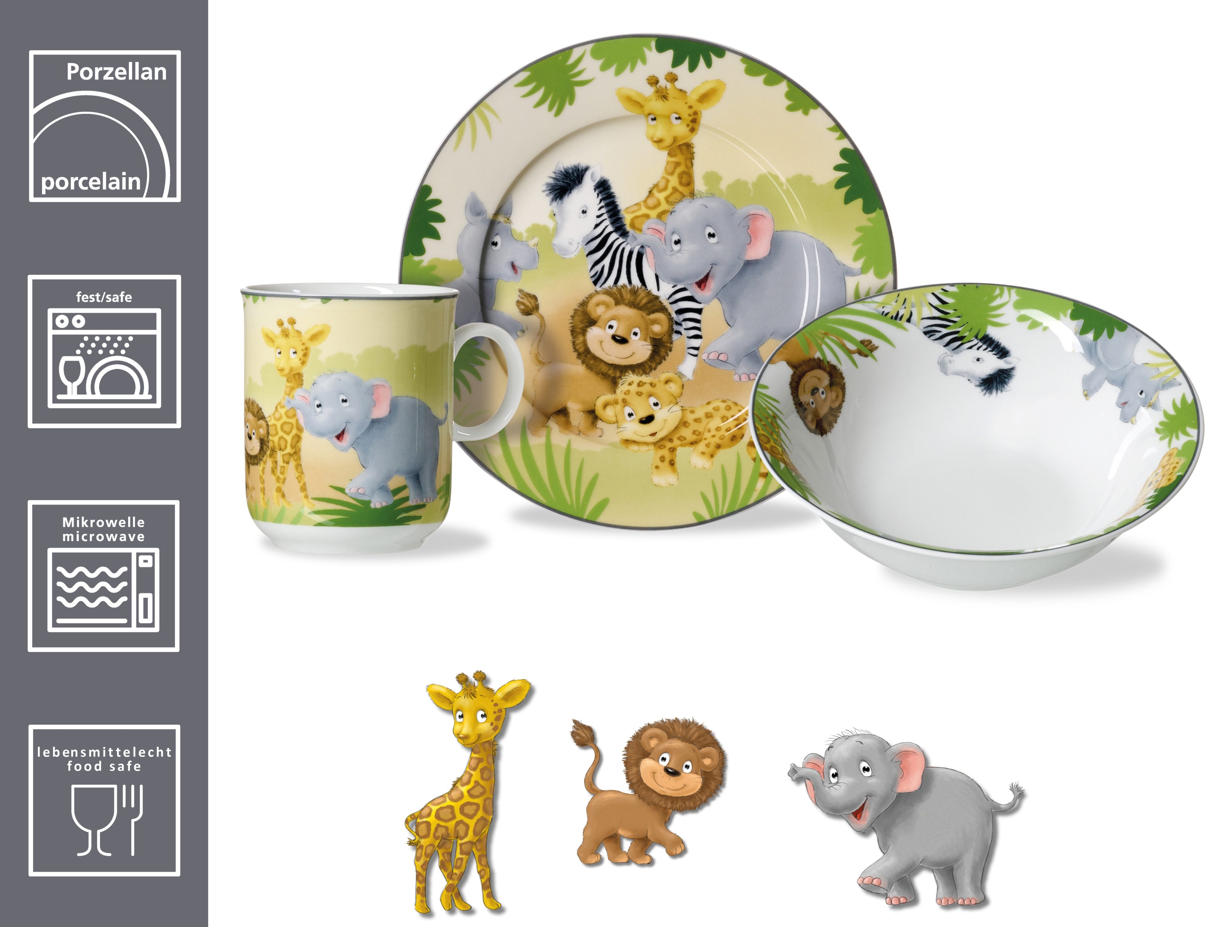 Ritzenhoff & Breker Kindergeschirr-Set Afrikatiere (3-tlg), 1 Personen, Porzellan, in Geschenkverpackung