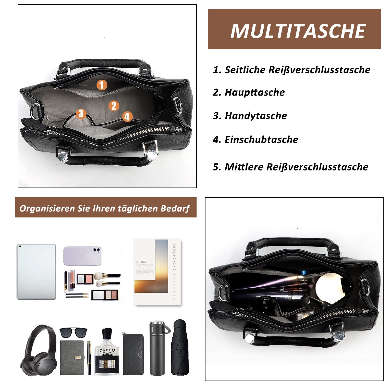 TAN.TOMI Henkeltasche Umhängetasche Messenger Taschen Kleine Handtasche für Damen (Mittel Mehrere Fächer & Reißverschlüsse, mit Abnehmbar Schulterriemen), Handt – Bild 5 von 5