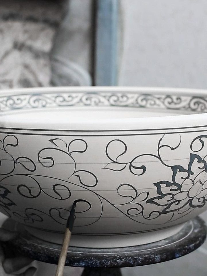 Sapho Waschtisch PRIORI Keramik-Waschtisch Ø 41 cm, weiß mit blau Muster, Sapho-PI012