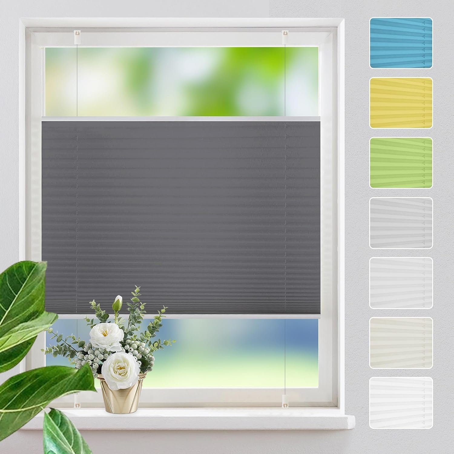 OUBO Plissee Faltrollo Ohne Bohren, Lichtschutz, Klemmträger,Easyfix, Lichtschutz, verspannt, Klemmfix, Jalousie für Fenster & Tür