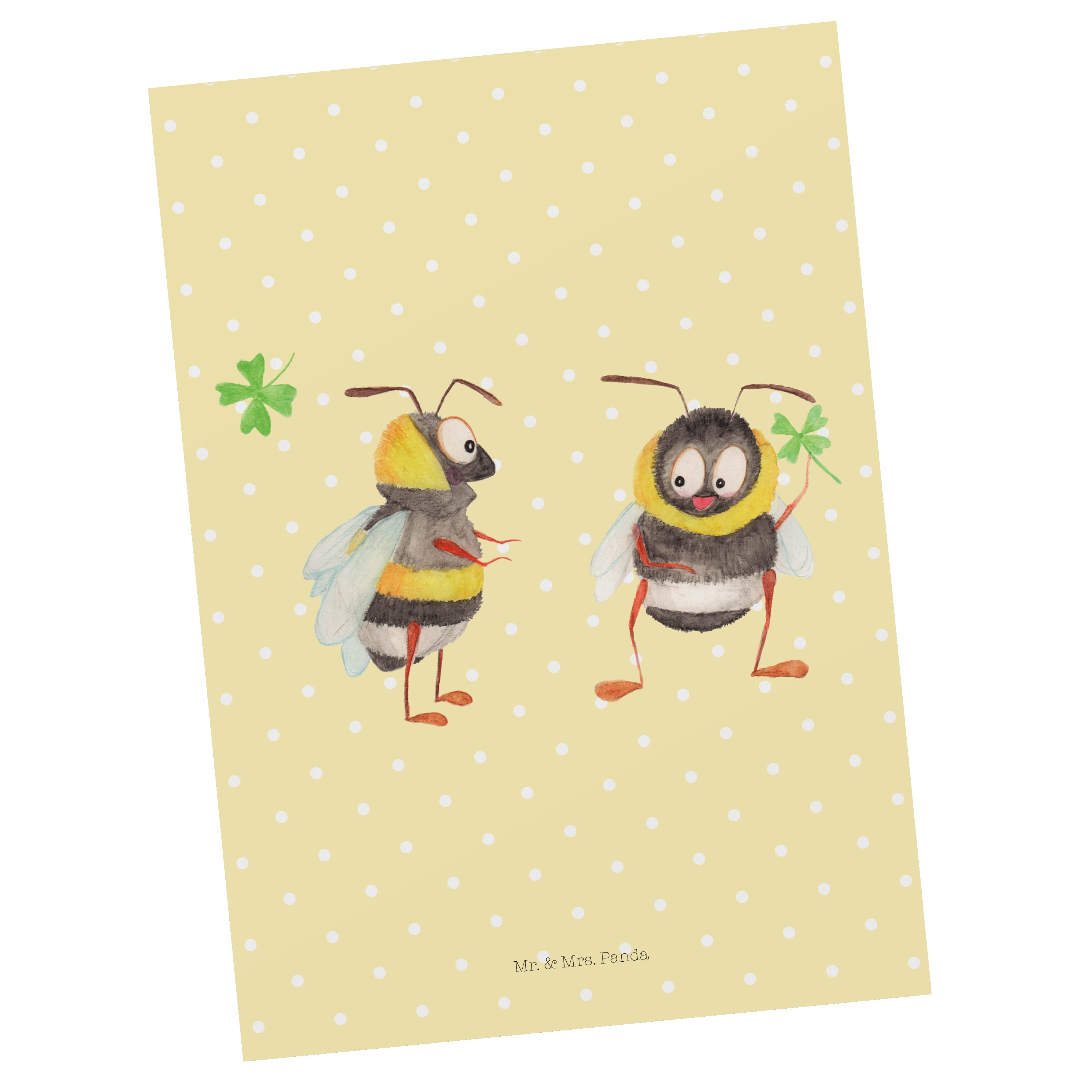 Mr. & Mrs. Panda Postkarte Hummeln mit Kleeblatt - Gelb Pastell - Geschenk, Geburtstagskarte, Ei