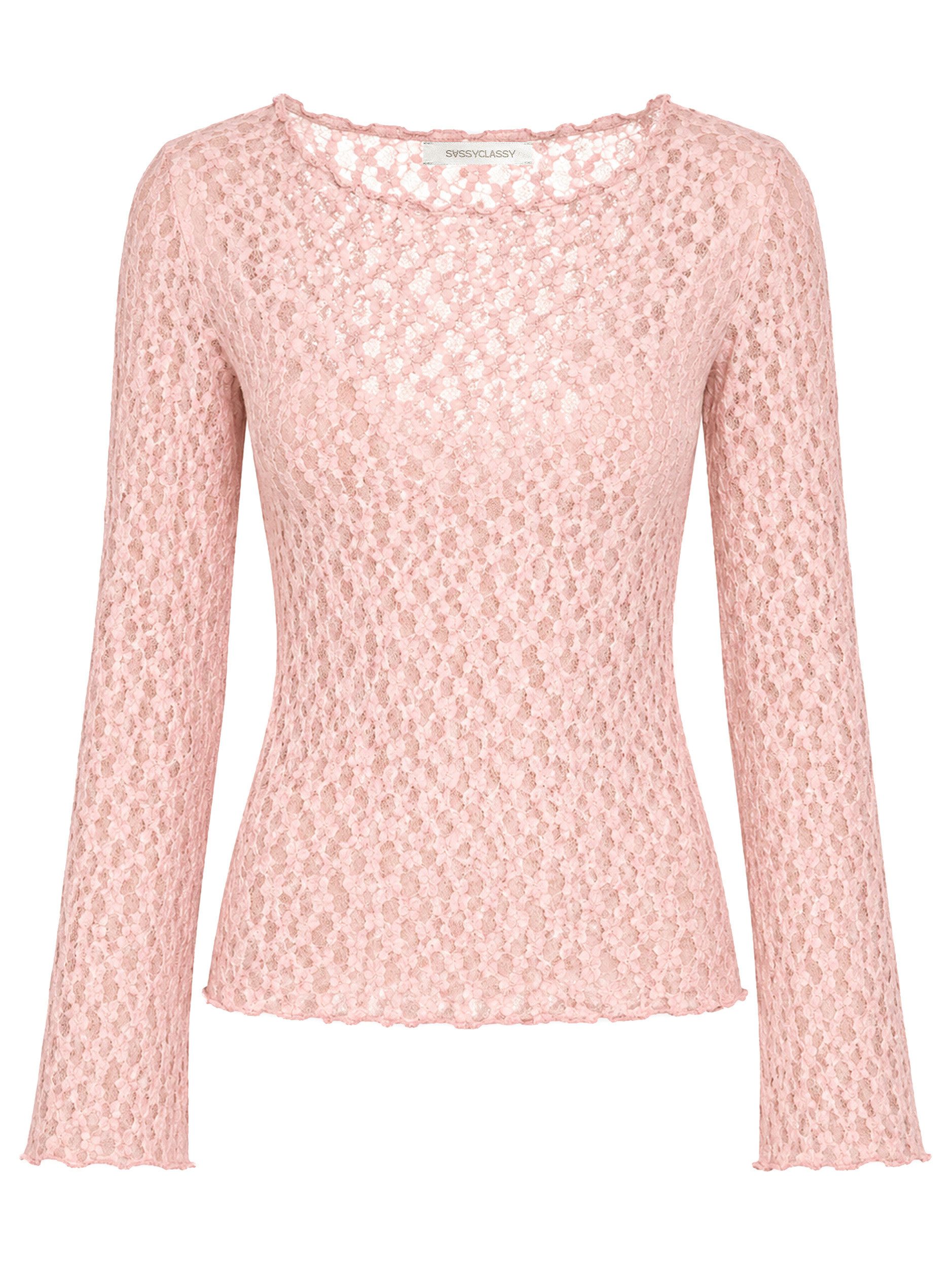 SASSYCLASSY Langarmshirt Spitzenshirt mit weiten Ärmeln für Damen Elegantes Langarmshirt mit floralem Muster in leichter Transparenz