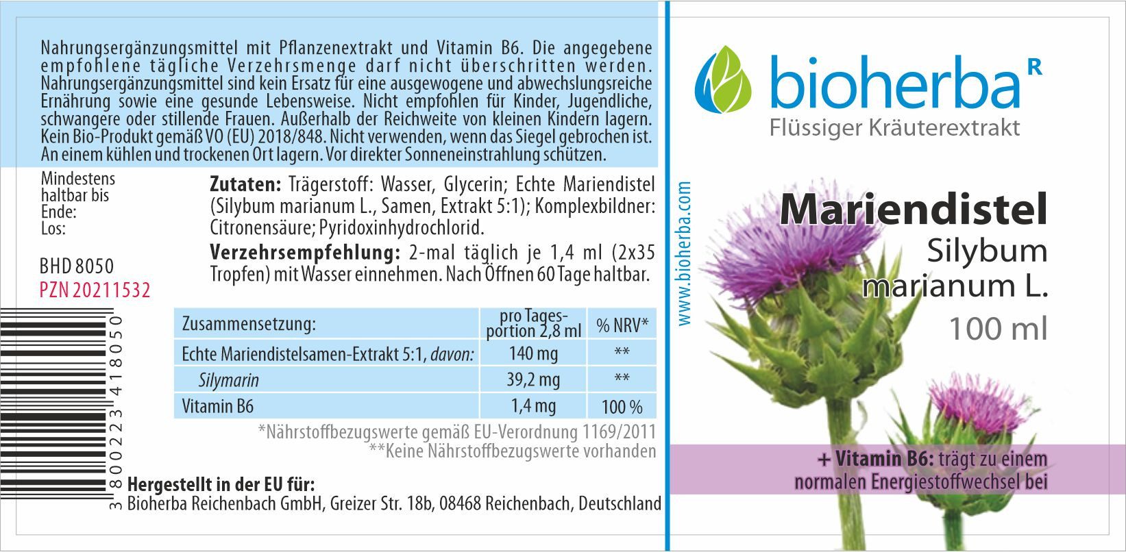 BIOHERBA R Bioherba Mariendistel Silybum marianum L. Tropfen Tinktur 100 ml Glasflasche, 1 er
