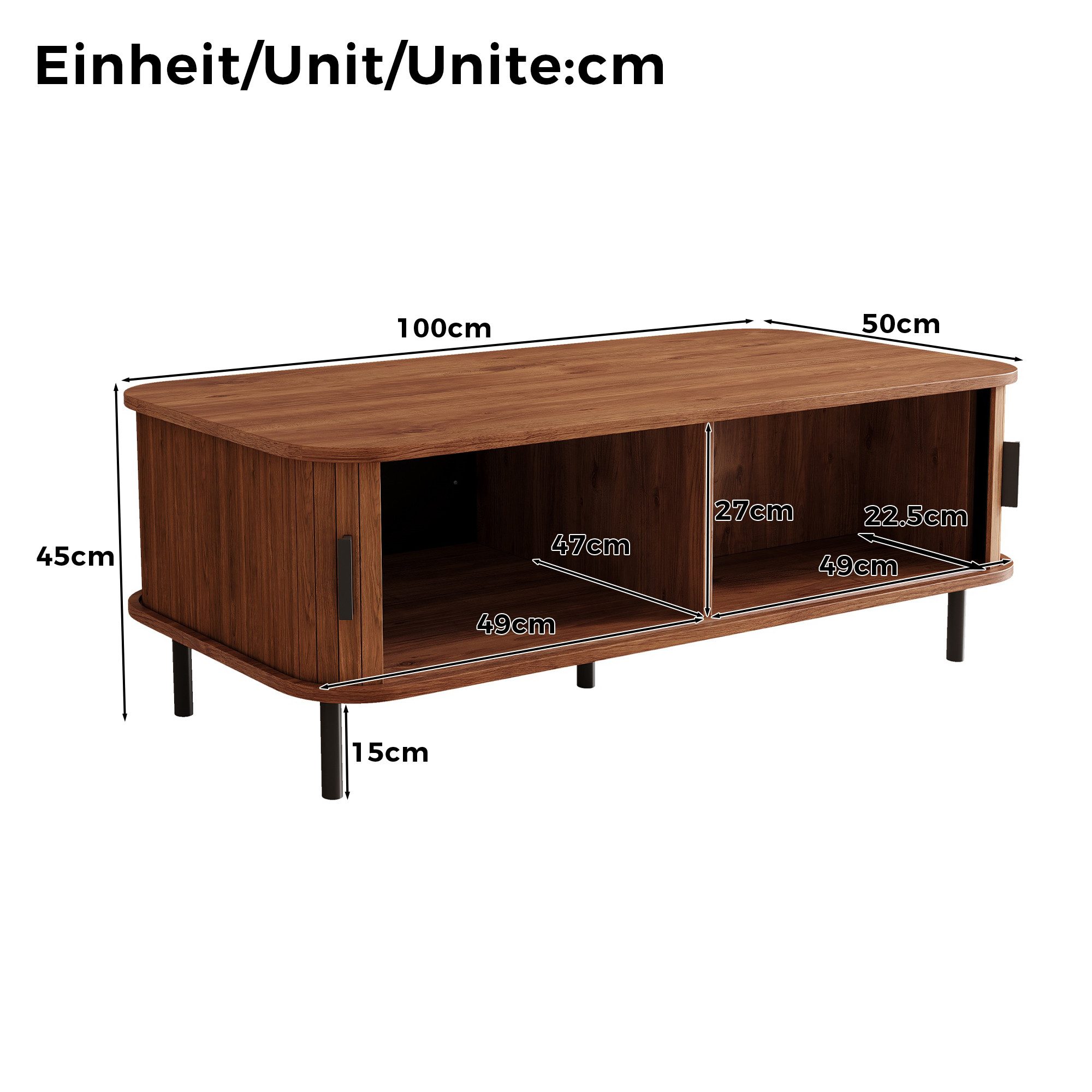 Merax Couchtisch mit 2 Schiebetüren und Stauraum, Sofatisch Beistelltisch 120x55x45cm (1-St), Wohnzimmertisch mit vertikaler Lamellenoptik & abgerundeten Kanten – Bild 5 von 5