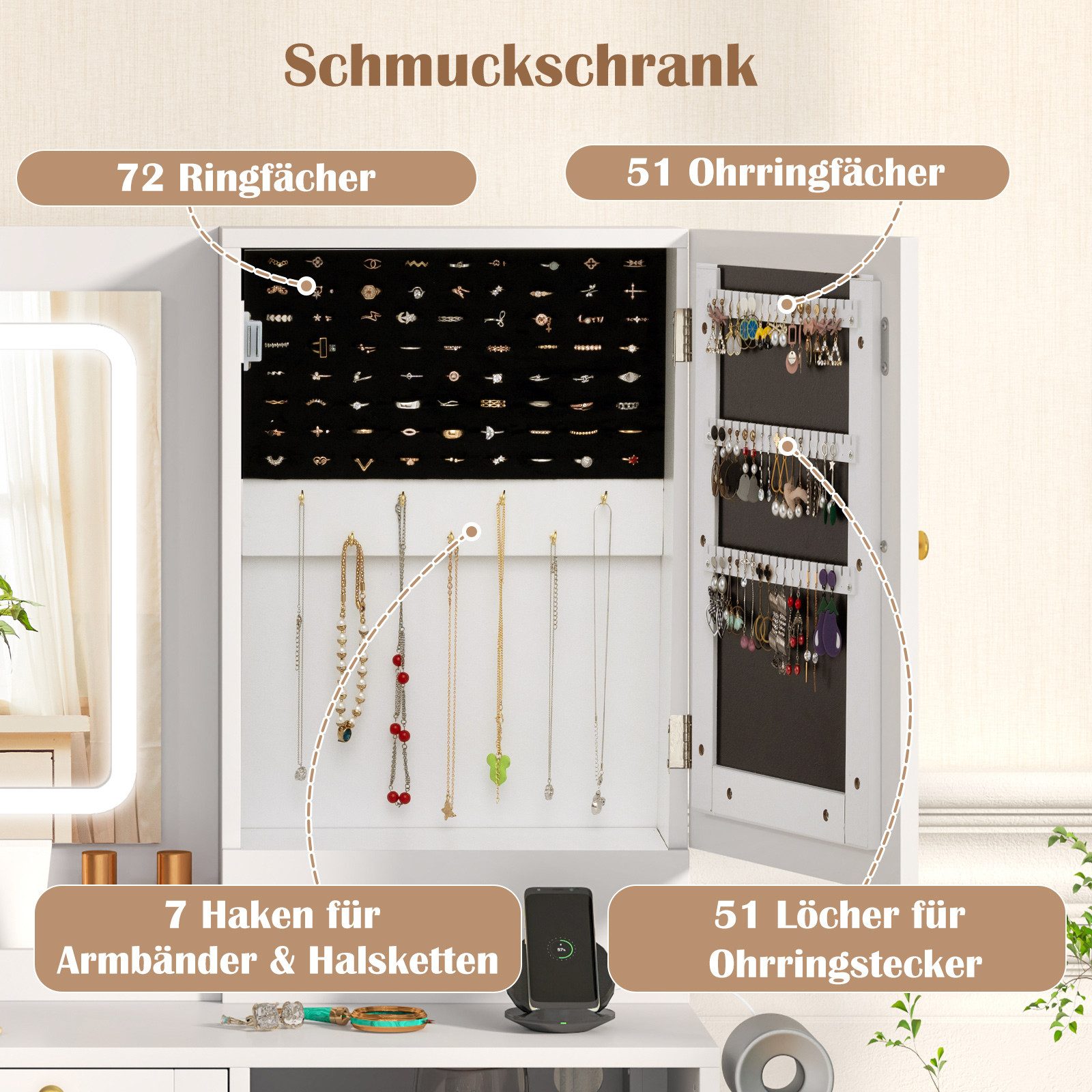 COSTWAY Schminktisch (1-St), mit LED & Ladestation, Hocker, Spiegel, Schrank