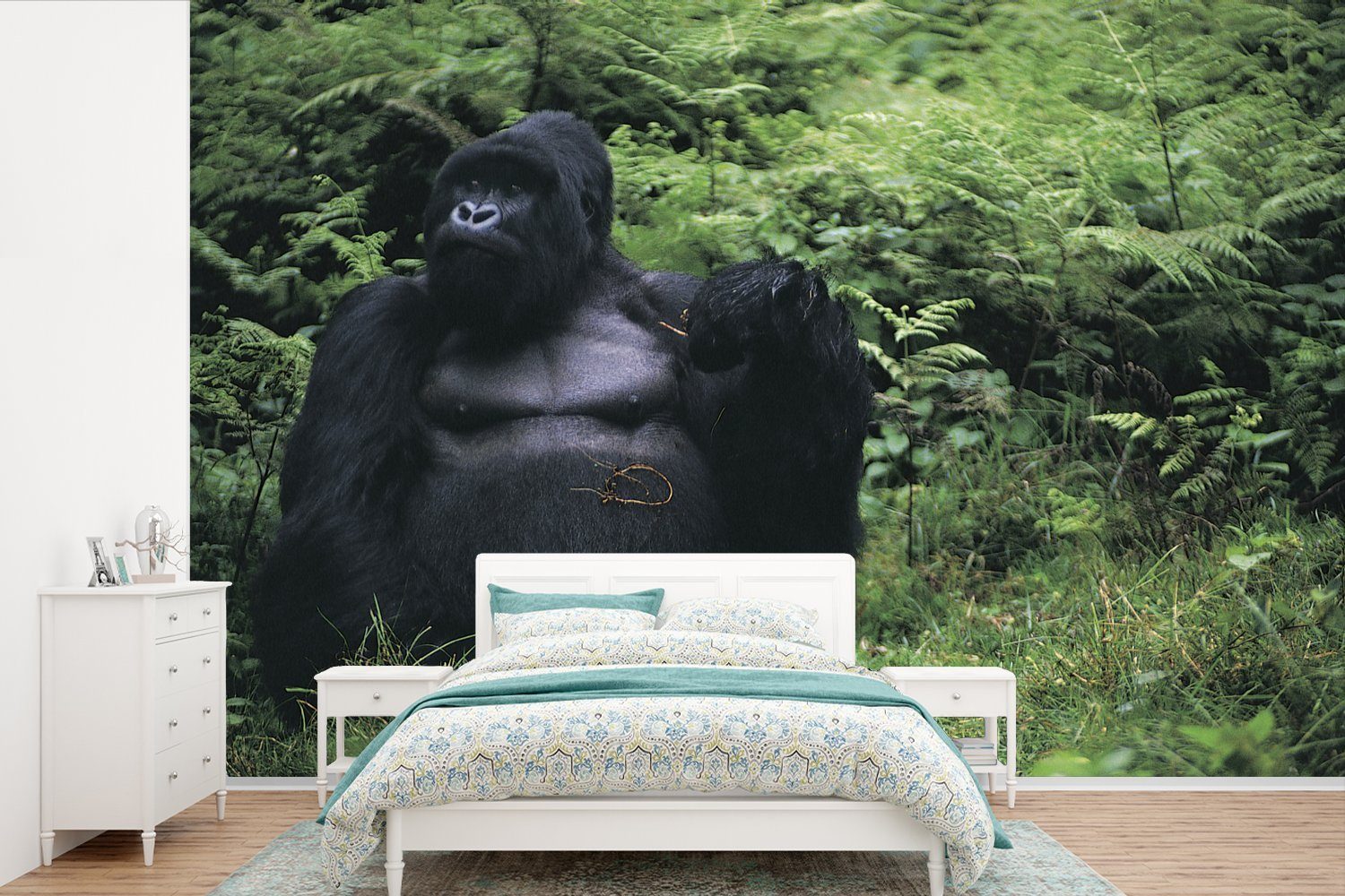 Gorilla grünen (6 Wohnzimmer, Fototapete bedruckt, St), Wallpaper Matt, Ein in Kinderzimmer, Vinyl Tapete MuchoWow Regenwald, für Schlafzimmer, einem riesiger