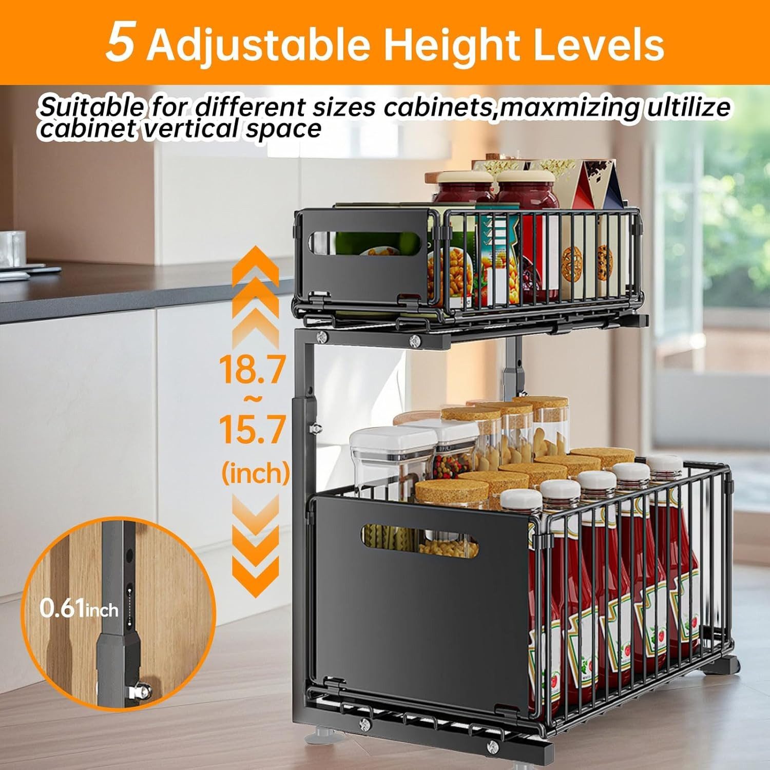 BlingBin Küchenorganizer-Set 2 Etagen Küchenregal, Ausziehbarer Spülschrank Organizer, Gewürzregal, (1er Set, 1-tlg., Produktabmessungen: ‎26,5 x 38 x 41-48,5 cm), Höhenverstellbar Teleskopschublade, Stahl-Aufbewahrungsregal für Küche