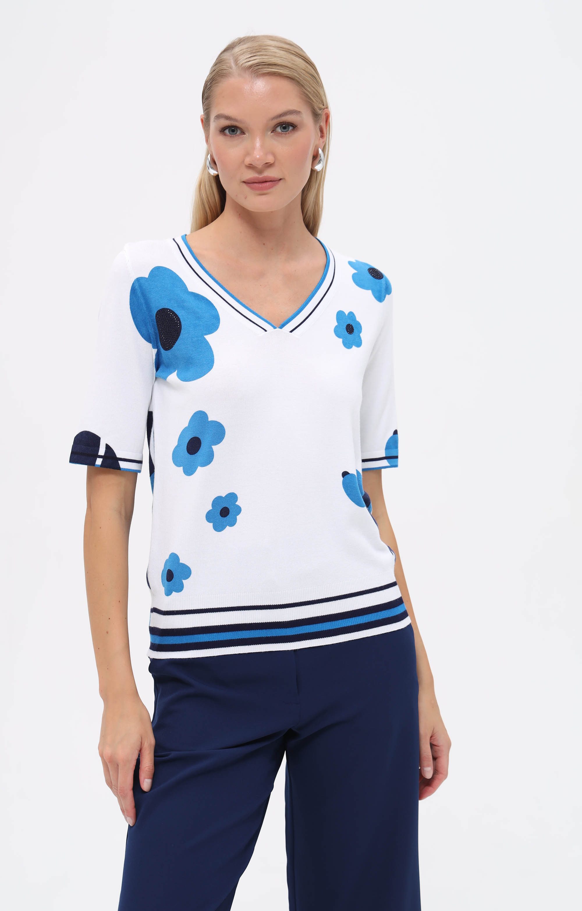 T-Shirt Blumen-Print und Streifendetails