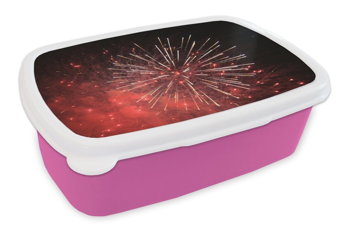 MuchoWow Lunchbox Feuerwerk - Rot rosa Mädchen, Kunststoff Kunststoff, (2-tlg), Brotbox Erwachsene, Snackbox, für - Nacht, Kinder, Brotdose