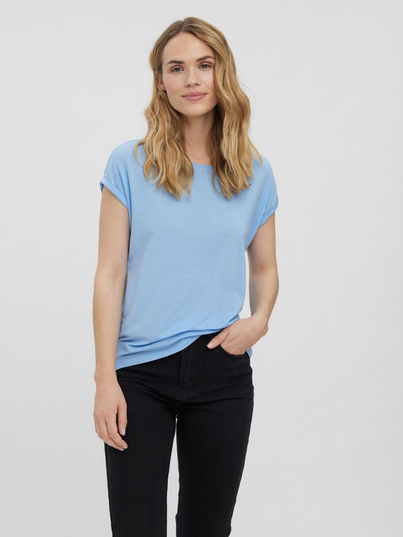 (1-tlg) in T-Shirt Basic Babyblau VMAVA Einfarbiges T-Shirt Vero Moda 4078 Rundhals