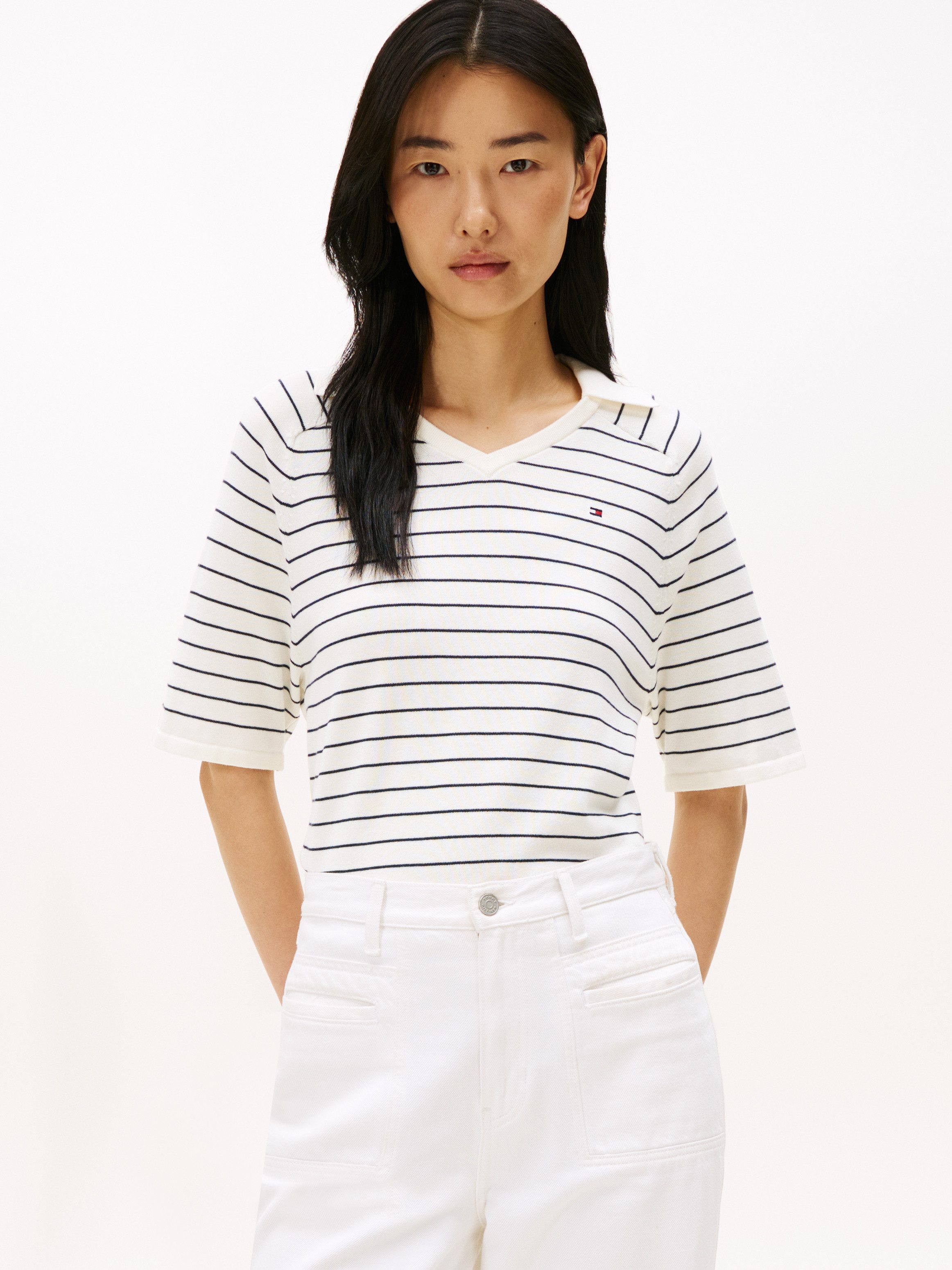 Tommy Hilfiger Strickpullover CO JERSEY STCH POLO V-NK S/S SWT günstig online kaufen