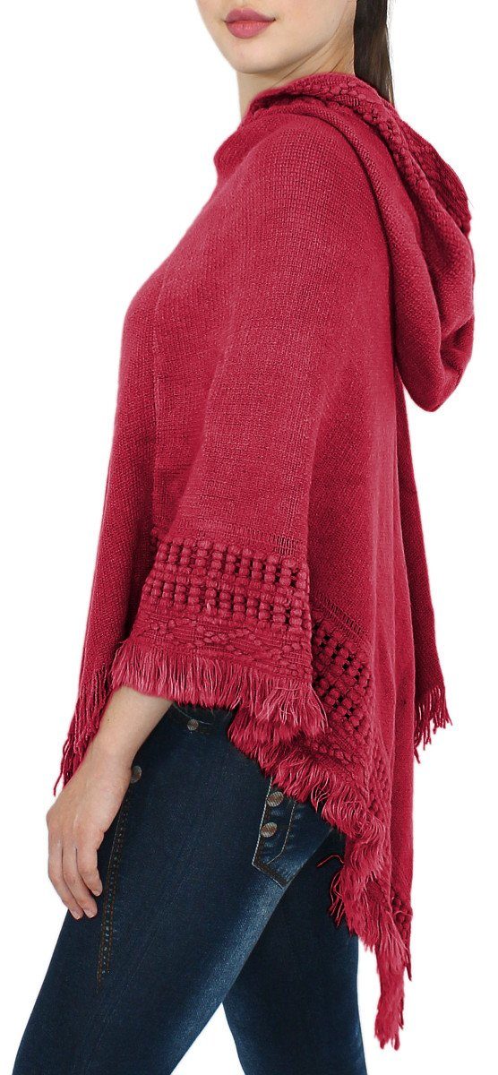 Pullover Unifarbe, Cape mit Strickponcho Fransen Damen Strickponcho WJ076OS-Rot mit dy_mode Poncho in Kapuze Umhang