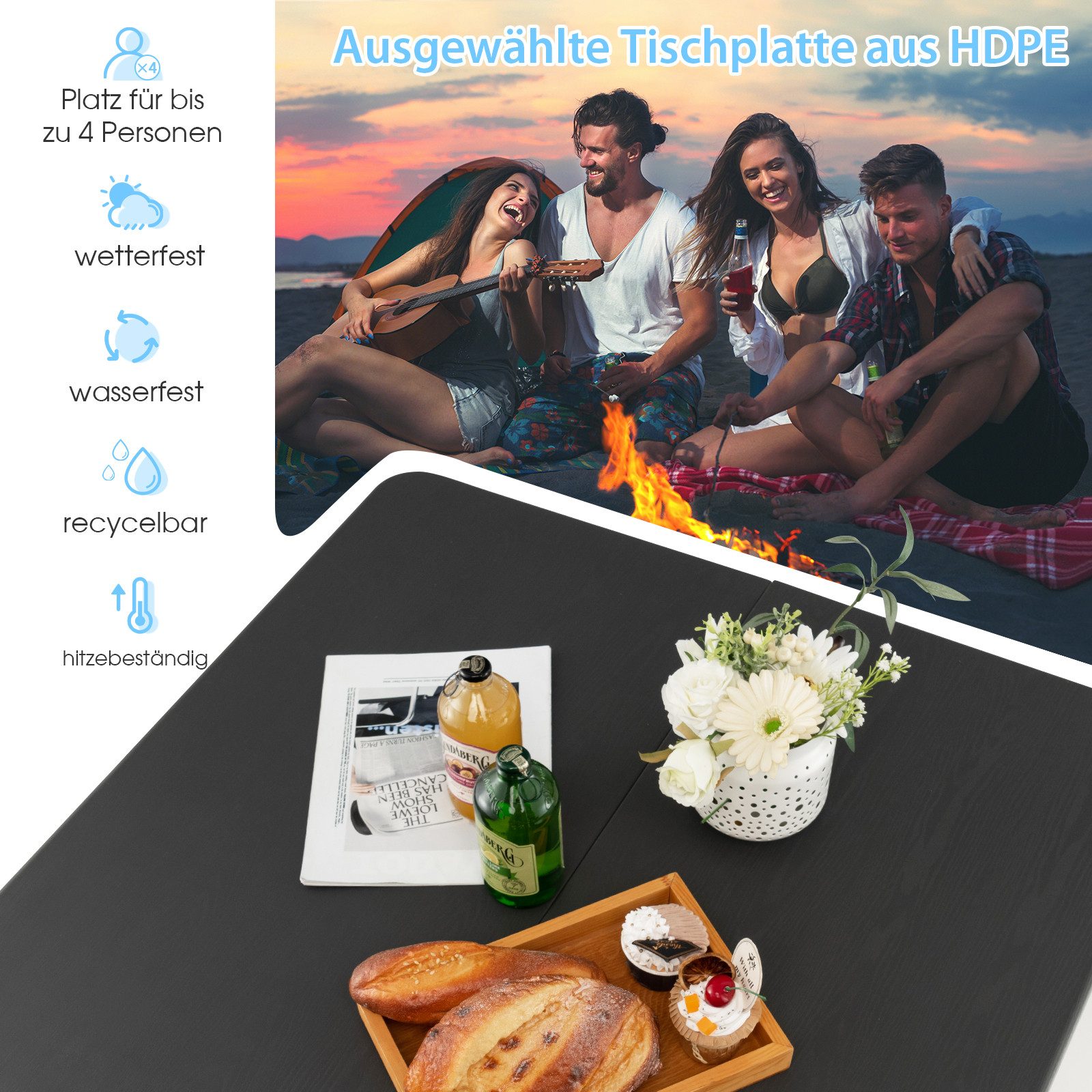 COSTWAY Campingtisch, Klapptisch Balkontisch für 4 Personen, bis 100 kg