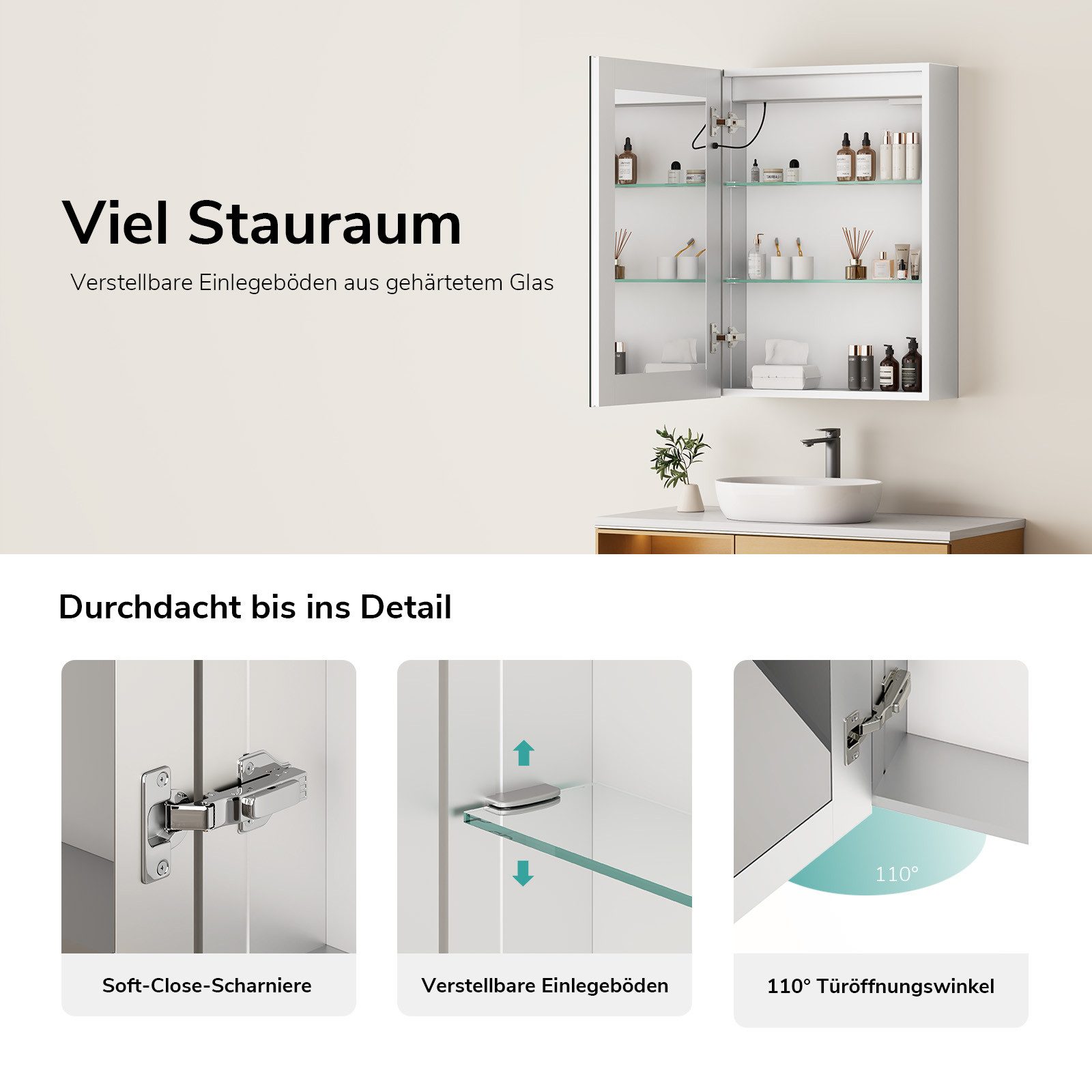 EMKE Spiegelschrank bad mit beleuchtung Badezimmerspiegelschrank Touch (1 türig) (Touch Schalter) mit Ablage und Steckdose, 3 Lichtfarben Dimmbar Antibeschlag – Bild 2 von 5