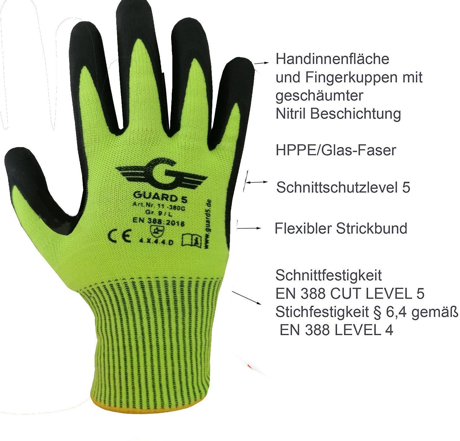 GUARD 5 Schnittschutzhandschuhe schnittfeste Arbeitshandschuhe für höchste Sicherheit (Art-11380G) (3-St) Schnittschutz
