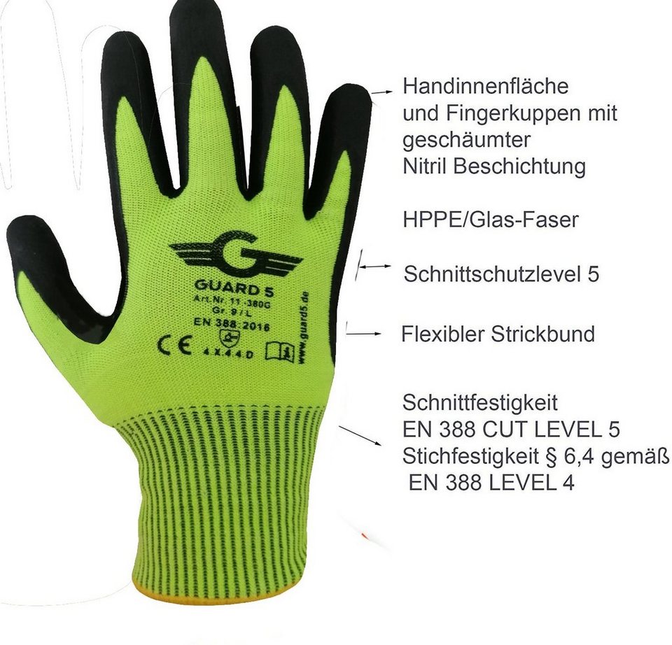 GUARD 5 Schnittschutzhandschuhe schnittfeste Arbeitshandschuhe für höchste  Sicherheit (Art-11380G) Schnittschutz