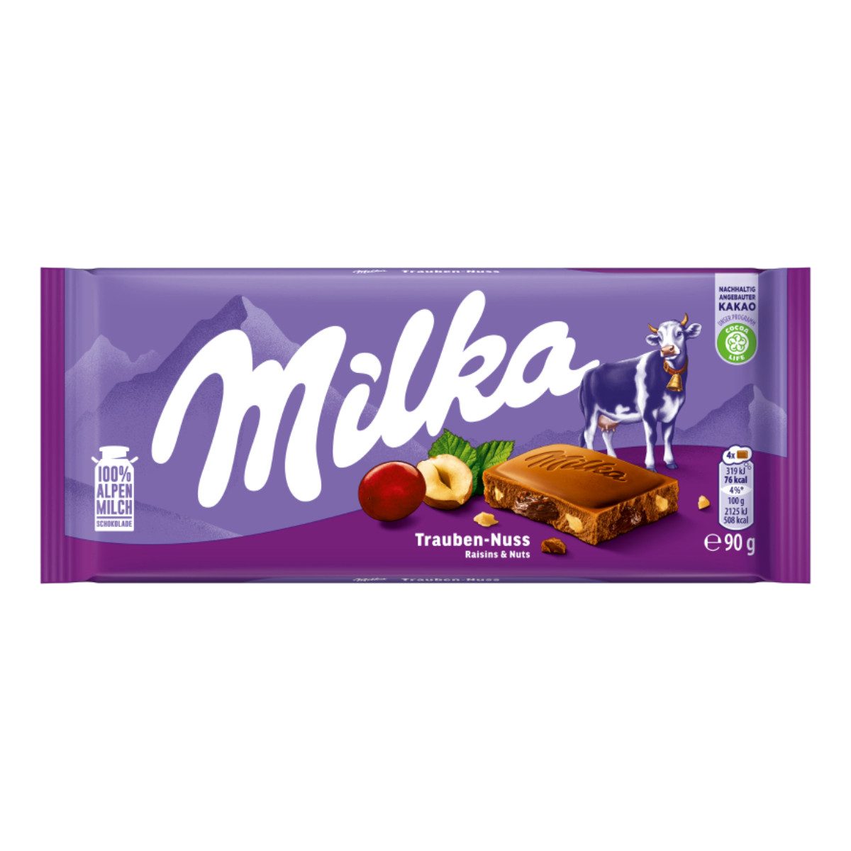 MILKA Schokolade, Milka Alpenmilch Schokolade mit Weintrauben und Haselnussstückchen 90g