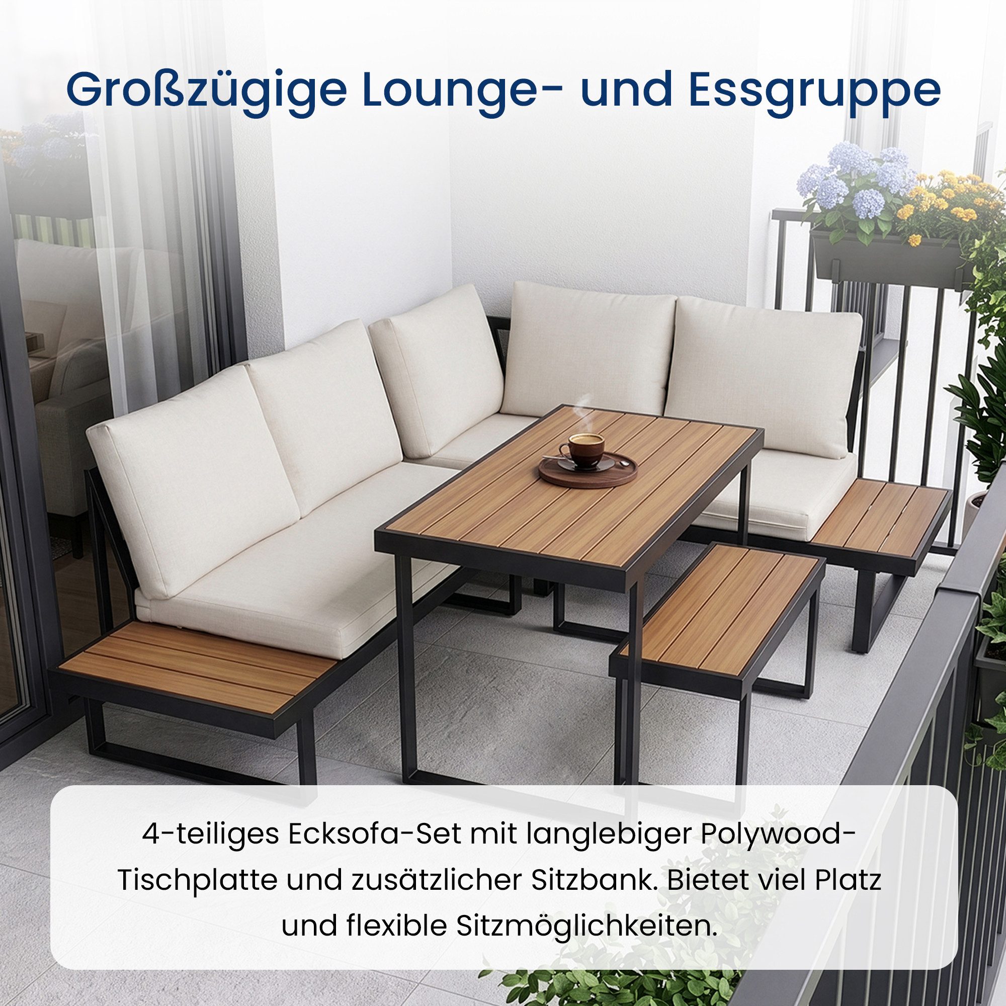 Home Collective Gartenlounge-Set Balkonmöbel Lounge Möbel Outdoor Terrassenmöbel Sitzgruppe mit Tisch, (4-teiliges Set mit Ecksofa, 1 Bank und 1 Tisch 110 cm, i – Bild 4 von 5