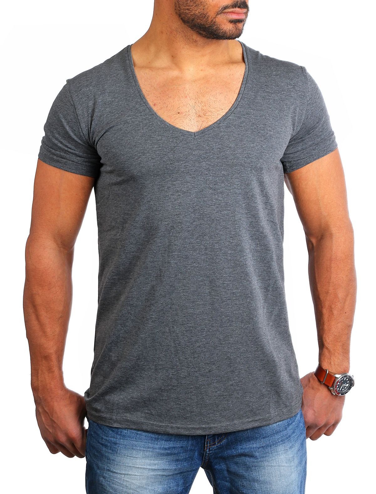 Young & Rich T-Shirt Herren Uni Basic extra tiefer Ausschnitt Unterziehshirt 1315 V-Ausschnitt unifarben kurzarm slim fit