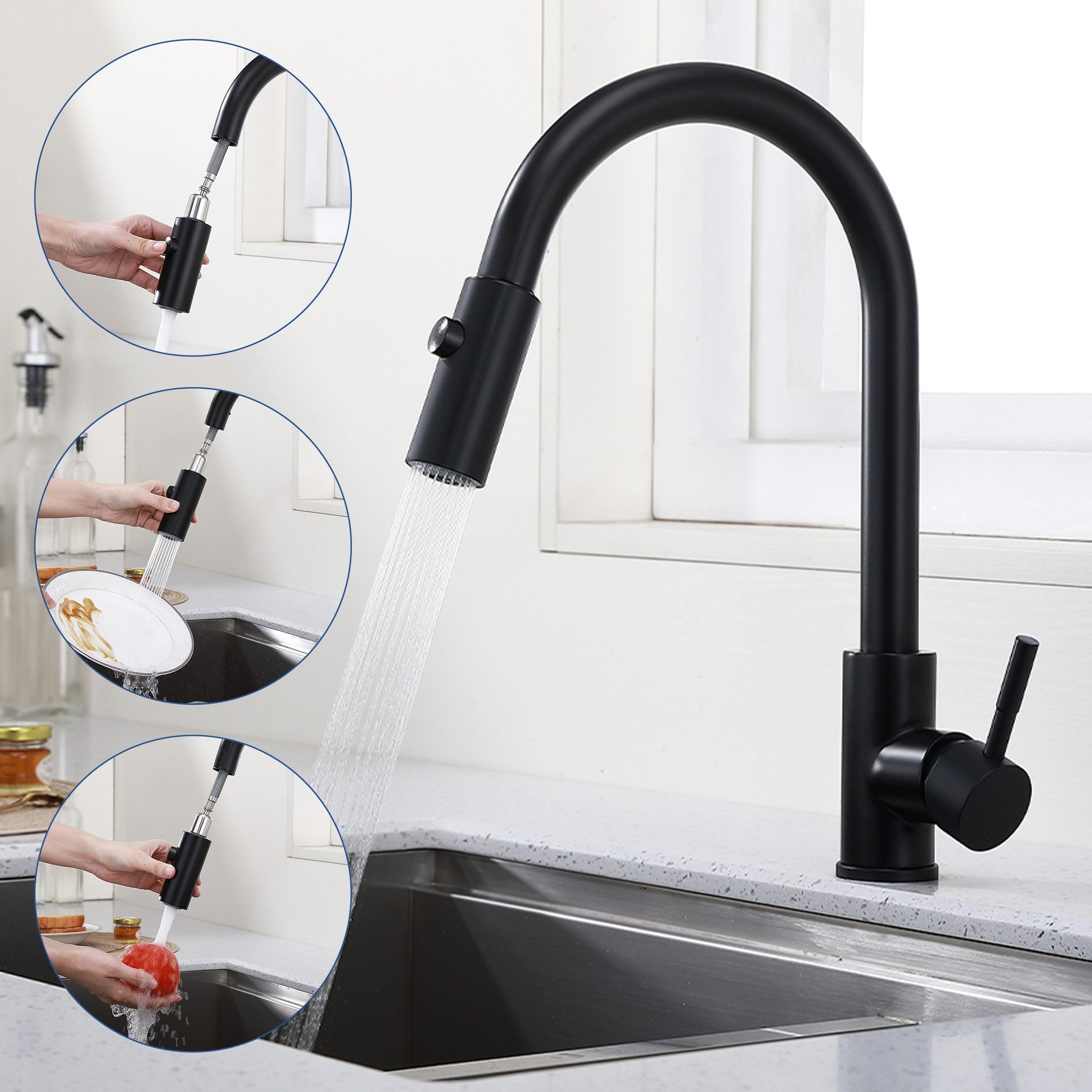 HOMELIVE Spültischarmatur Wasserhahn Küche ausziehbar Küchenarmatur mit 2 Strahlarten (1-St., kaltem und heißem Wasser Wasserhahn) Einhandmischer küchearmatur, Schwarz
