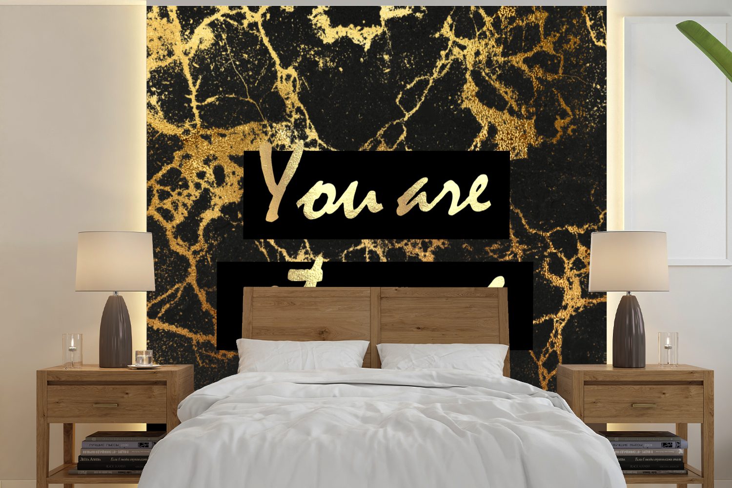 Wohnzimmer Marmor, Zitat - Fototapete Matt, St), - Wandtapete - für bedruckt, oder Tapete Gold Schlafzimmer, Motivation MuchoWow Vinyl (5