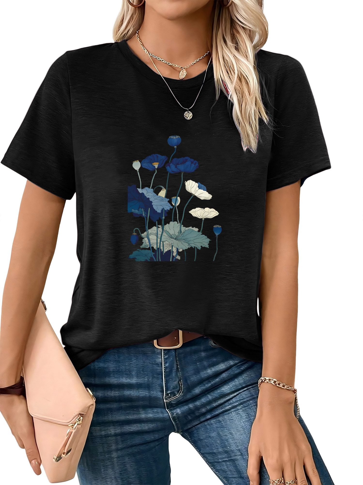 PYLIKE Print-Shirt Shirts Damen Elegant Lotusblatt Druck bequemes t shirt Bequem für Freizeit und Büro,Strandurlaub
