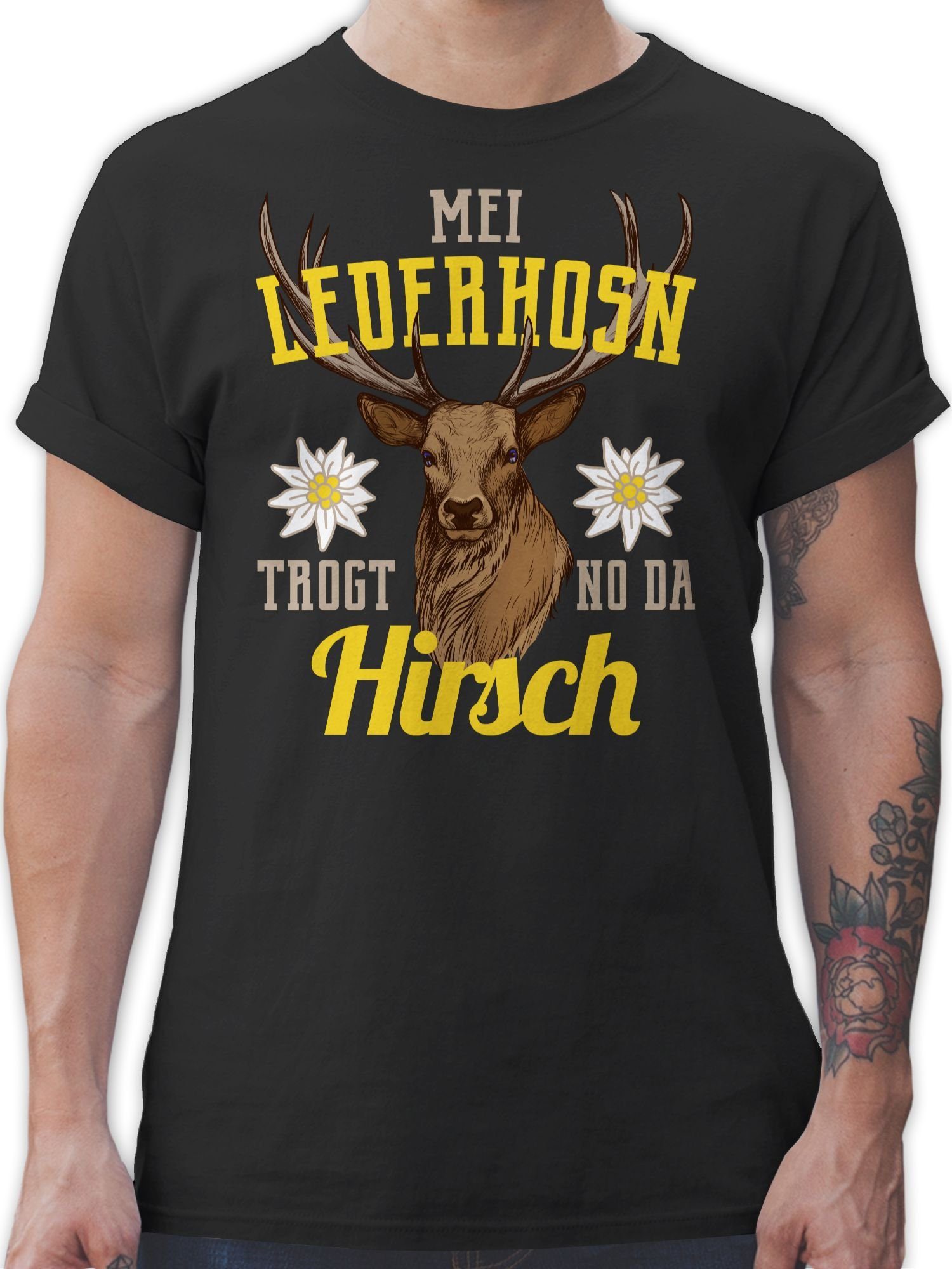 Shirtracer T-Shirt Mei Lederhosn trogt no da Hirsch - gelb/braun Mode für Oktoberfest Herren 1 Schwarz