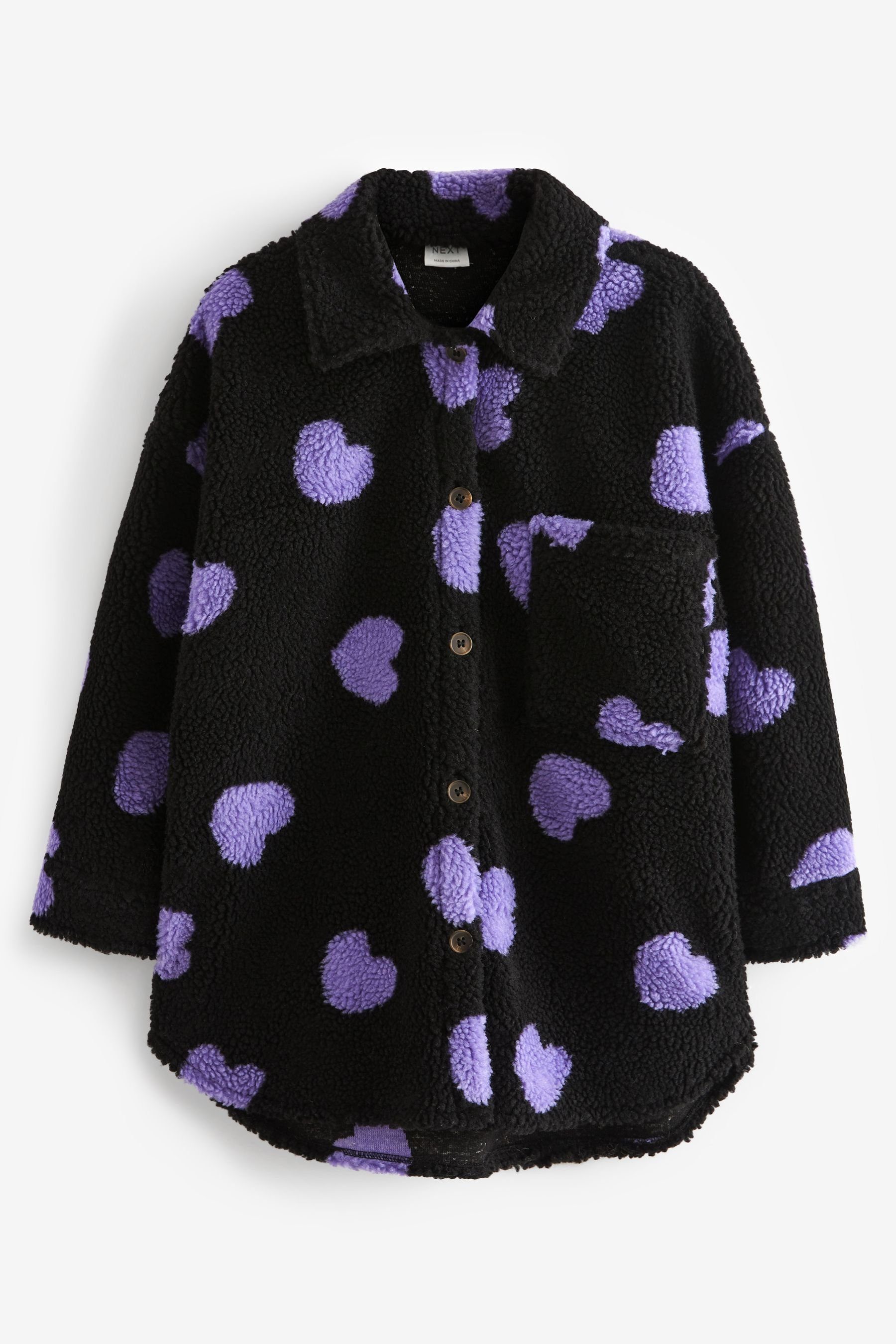 Next Fleecejacke Fleece-Hemdjacke aus Teddystoff (1-St) Black/Purple Heart Print