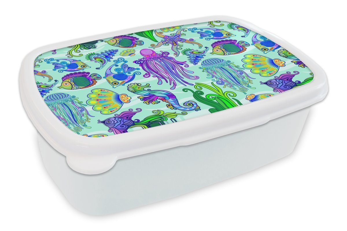 MuchoWow Lunchbox Tiere - Regenbogen - Fische - Muster, Kunststoff, (2-tlg), Brotbox für Kinder und Erwachsene, Brotdose, für Jungs und Mädchen weiß