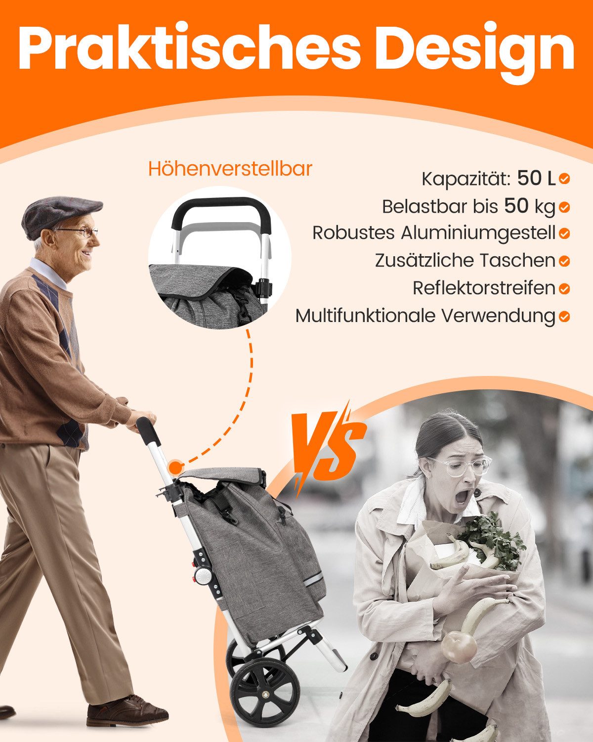 HOMECALL Einkaufstrolley klappbar Einkaufswagen 3 in 1 Shopping Trolley Mit Kühltasche-55L, Bis 50KG mit 50L + 5L kühlfunktion Einkaufstasche mit Rollen