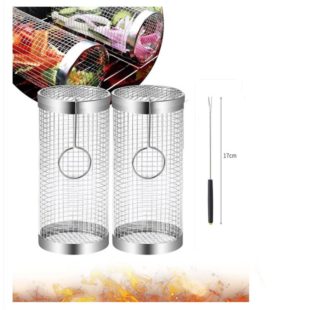 XDeer Grillspieß 2 STÜCK Rolling Grillkorb mit Gabel - Grilling Basket Edelstahl Grill, Griff, BBQ Grill Rack für Außengrill Gemüse,Grillhalter für Pommes