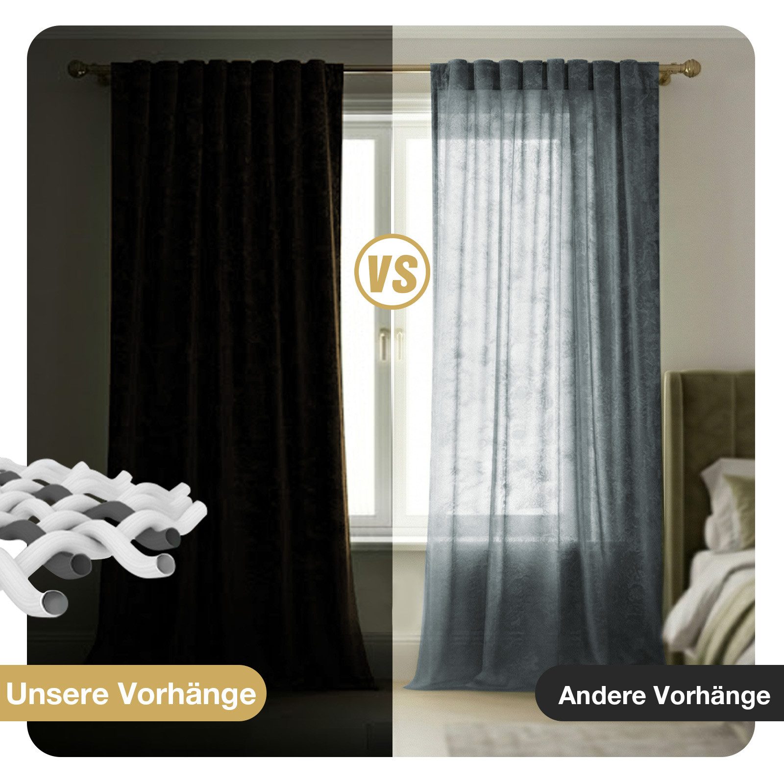 Lapamax Verdunkelungsvorhang Samt-Verdunkelungsvorhang im 2er-Set, 132 cm breit, mit Goldprint (2 St), Multifunktionsband, blickdicht, Samt, Multifunktionsband  – Bild 4 von 5