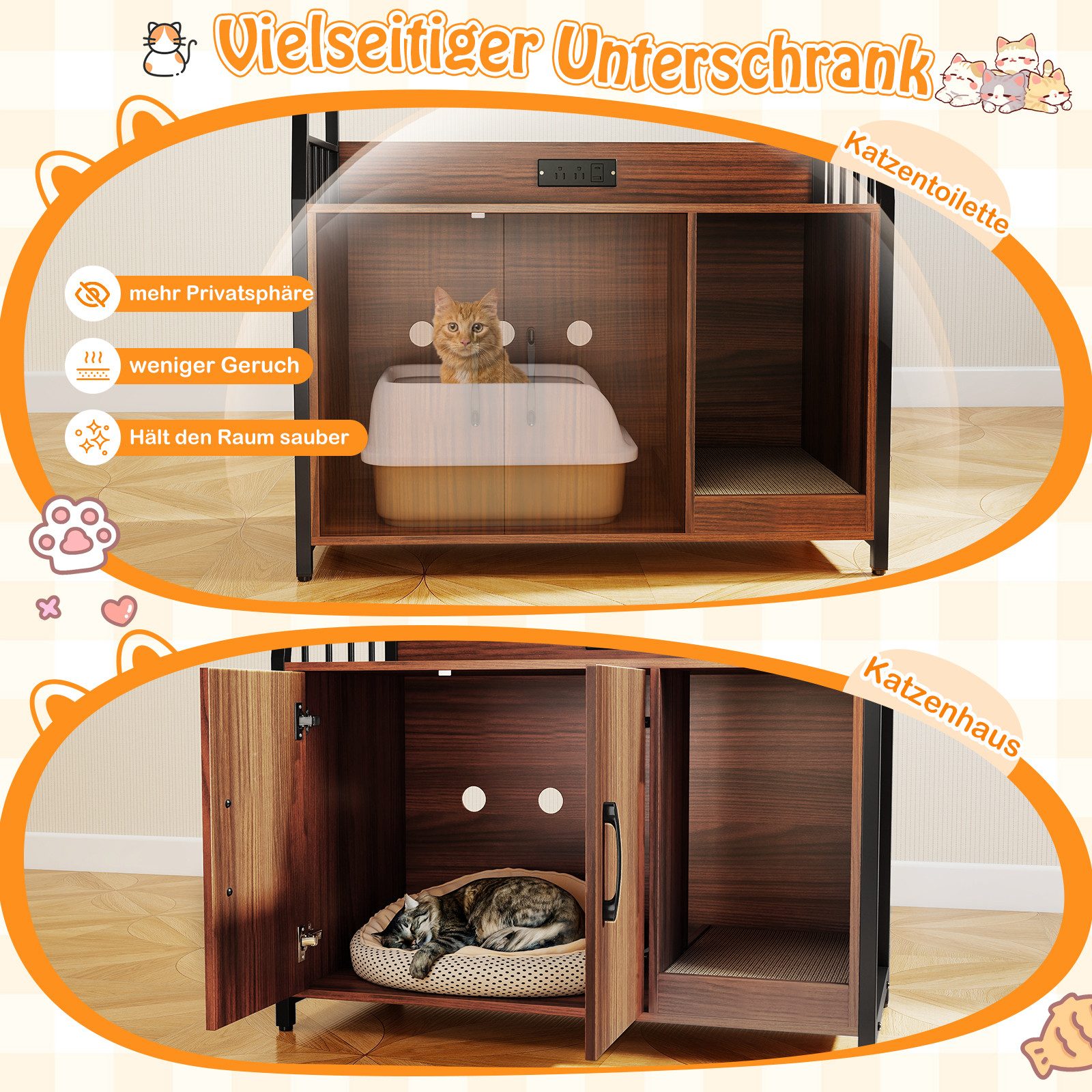 KOMFOTTEU Tierhaus, Katzenschrank mit Regalen, gewundener Einlass & Kratzbrett