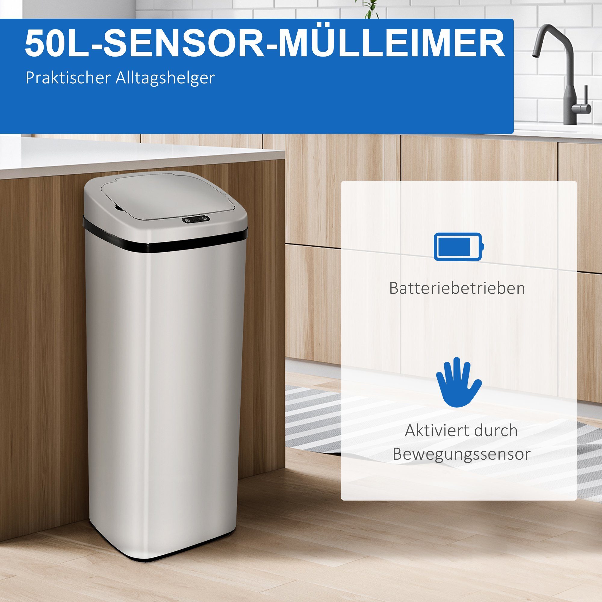 HOMCOM Mülleimer, Automatik Mülleimer Abfalleimer Küche 50L Edelstahl mit Sensor