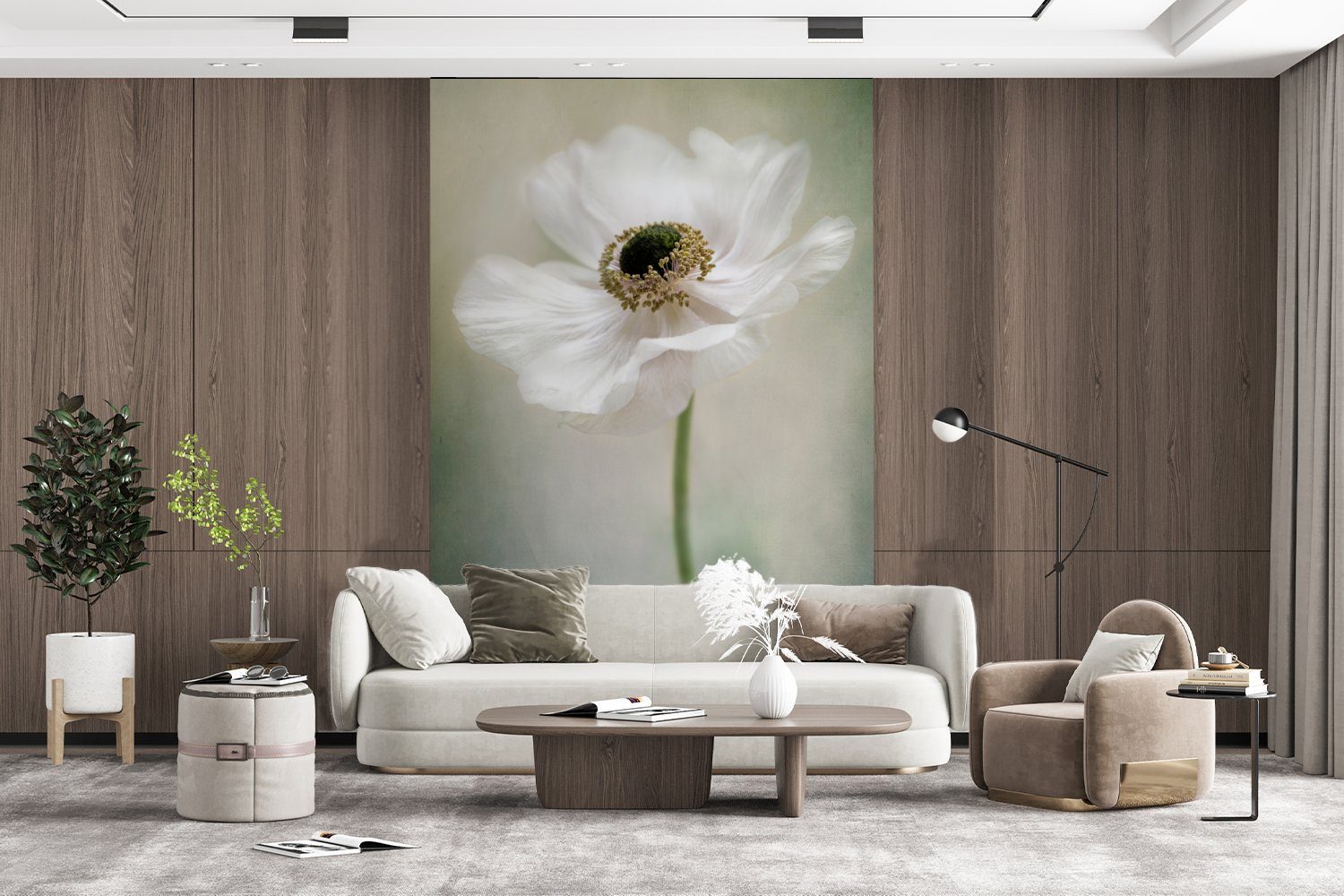 Wohnzimmer, Fototapete St), - Blumen - Anemone Natur Wandtapete Tapete MuchoWow Montagefertig (3 Vinyl für Matt, Weiß, - bedruckt,