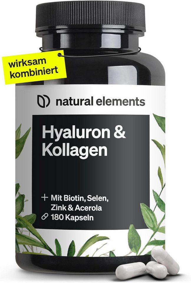 natural elements Hyaluronsäure Kollagen Komplex - 180 Kapseln Kapseln, 1 er zur Unterstützung von Haut, Haaren und Nägeln. à 180 St., 149 g, Laborgeprüft mit Biotin, Zink, Selen, Acerola-Vitamin C