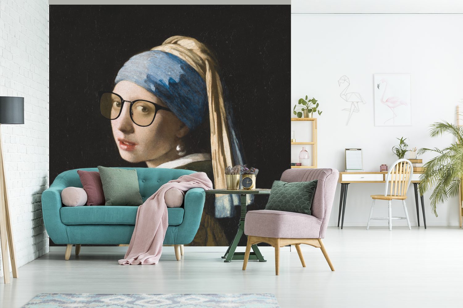 für - bedruckt, (5 St), Fototapete Wohnzimmer dem Matt, Das Vermeer Wandtapete mit Mädchen Schlafzimmer, MuchoWow - Perlenohrring Vinyl Tapete Brillen, oder