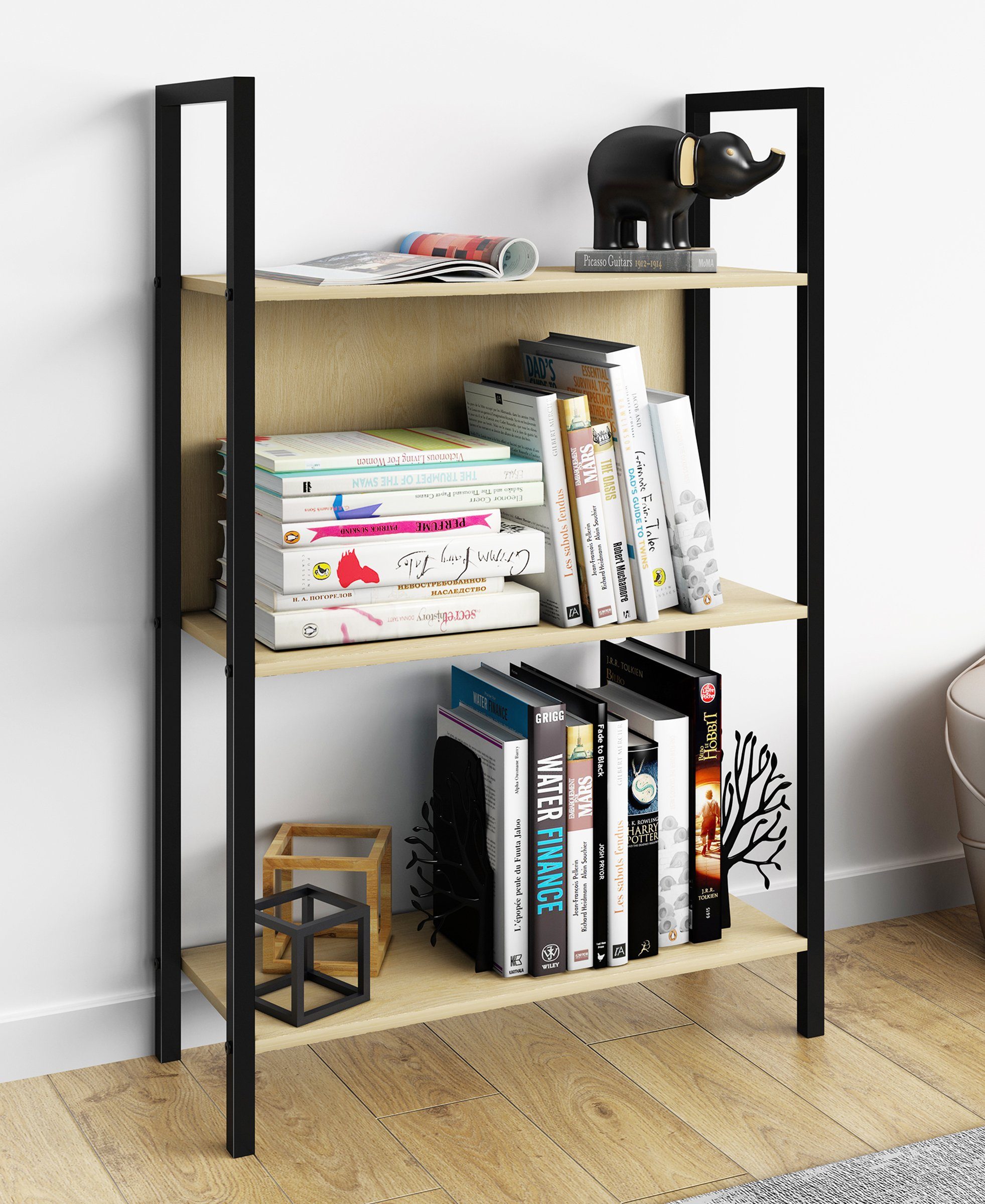 VCM Standregal Bücherregal Flakos H. 100 x B. 56 x T. 24 cm, Holzregal mit Metallrahmen stehend, CD DVD Aufbewahrung