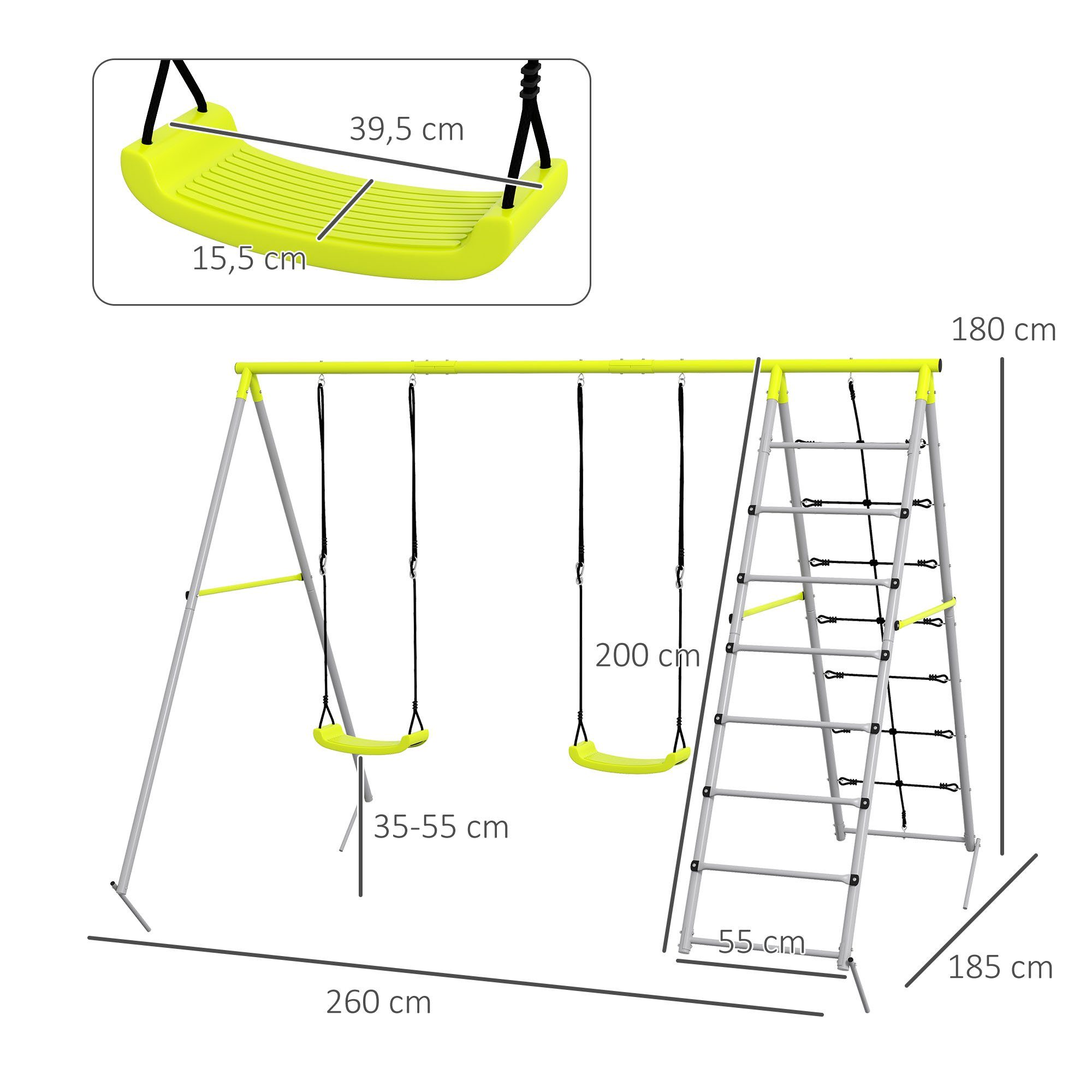 Outsunny Einzelschaukel Kinderschaukel, Kletternetz, Schaukelgerüst, 3-8 Jahre Kinder, (Gartenschaukel, 1-tlg., Schaukelgestell), für Garten, Balkon, Grün