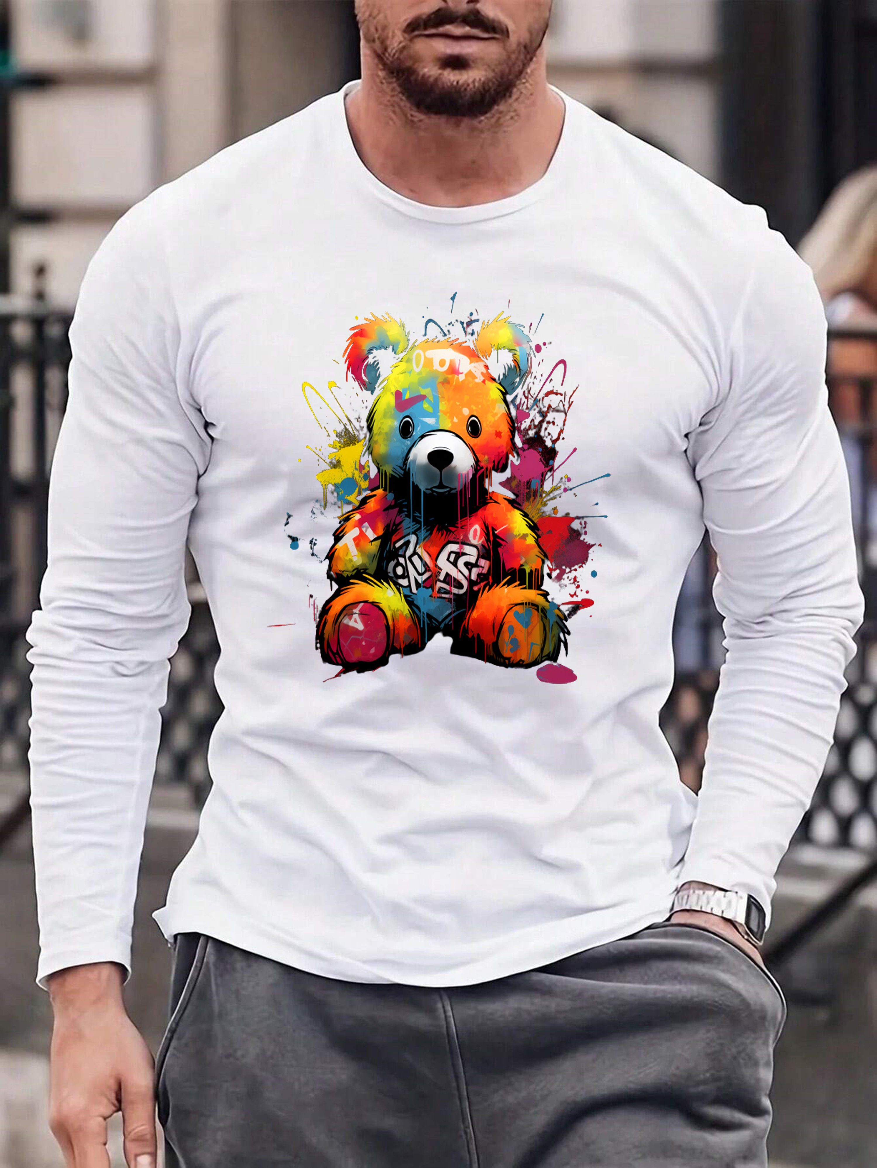 mit RMK Langarmshirt Print Bär aus Baumwolle, (Model Langarmshirt Basic 1,Groß Weiß Teddybär Rundhals Mitte) Herren lizenziertem