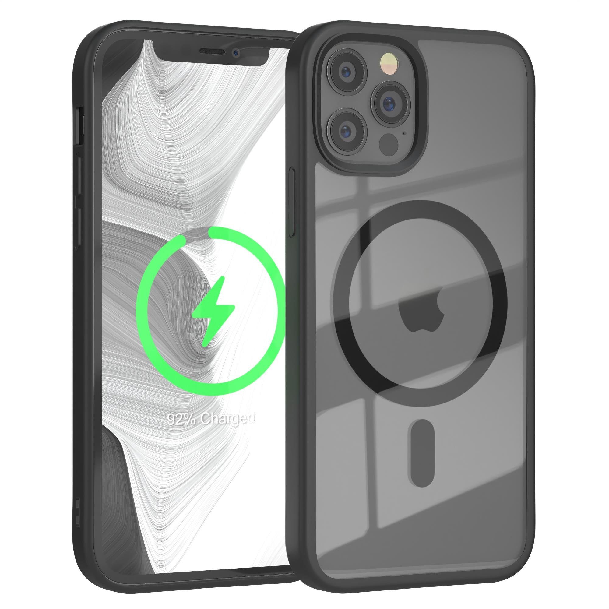 EAZY CASE Handyhülle Transparente Hülle mit MagSafe für iPhone 12 / Pro 6,1 Zoll, Qi Charging kompatibel, Silicon Case, Slimcover Displayschutz, Schwarz