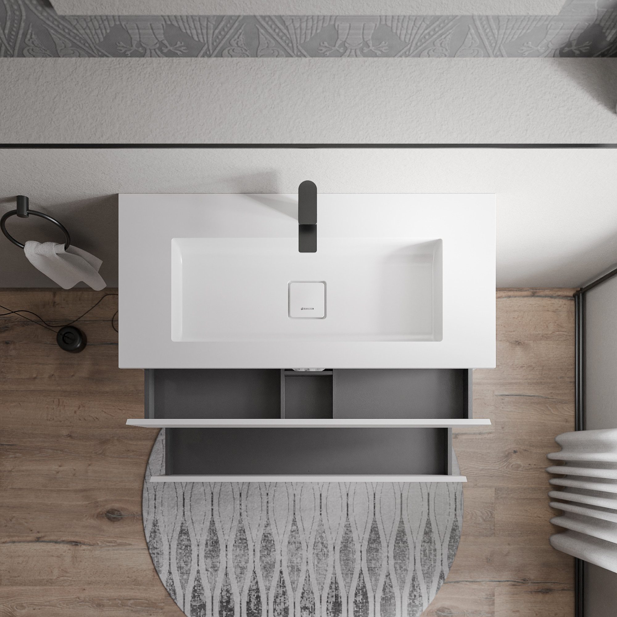 Bernstein Waschbeckenunterschrank AVA Weiß matt 100cm Waschbecken Weiß matt mit Hahnloch Waschtischunterschrank mit Mineralguss-Waschbecken 2 Schubladen