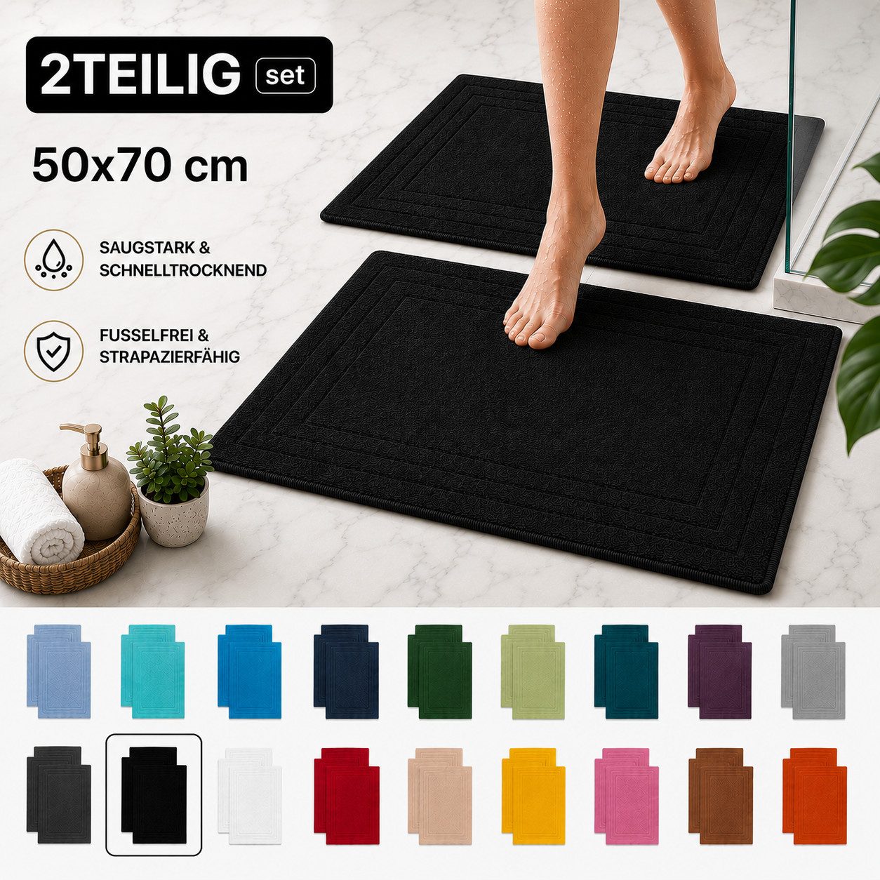 Komfortec Badematte 2er Badetuch Set aus 100% Baumwolle 50x70 cm Extra Weich & Saugstark, Rechteckig, 600 g/m² – Bild 5 von 5
