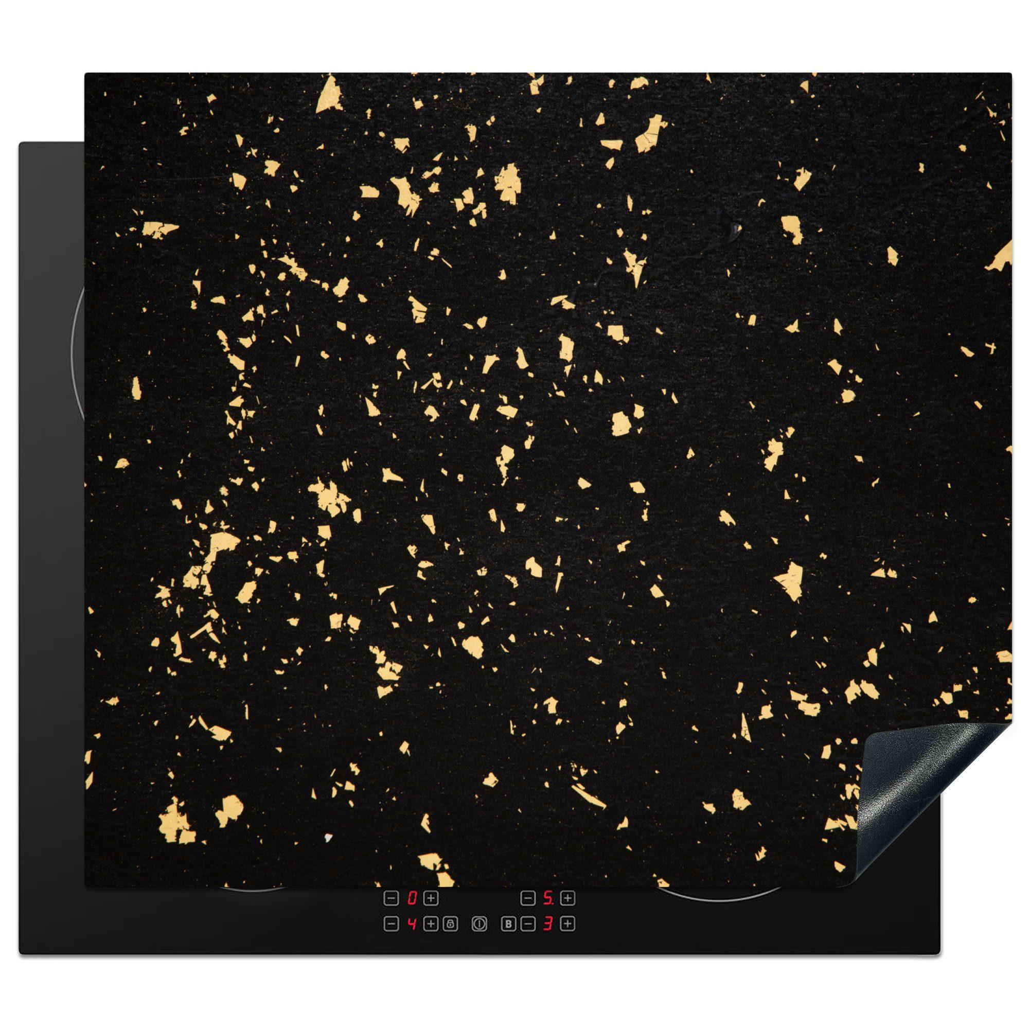 MuchoWow Herdblende-/Abdeckplatte Goldene Flocken auf schwarzem Hintergrund, Vinyl, (1 tlg), 59x52 cm, Ceranfeldabdeckung für die küche, Induktionsmatte