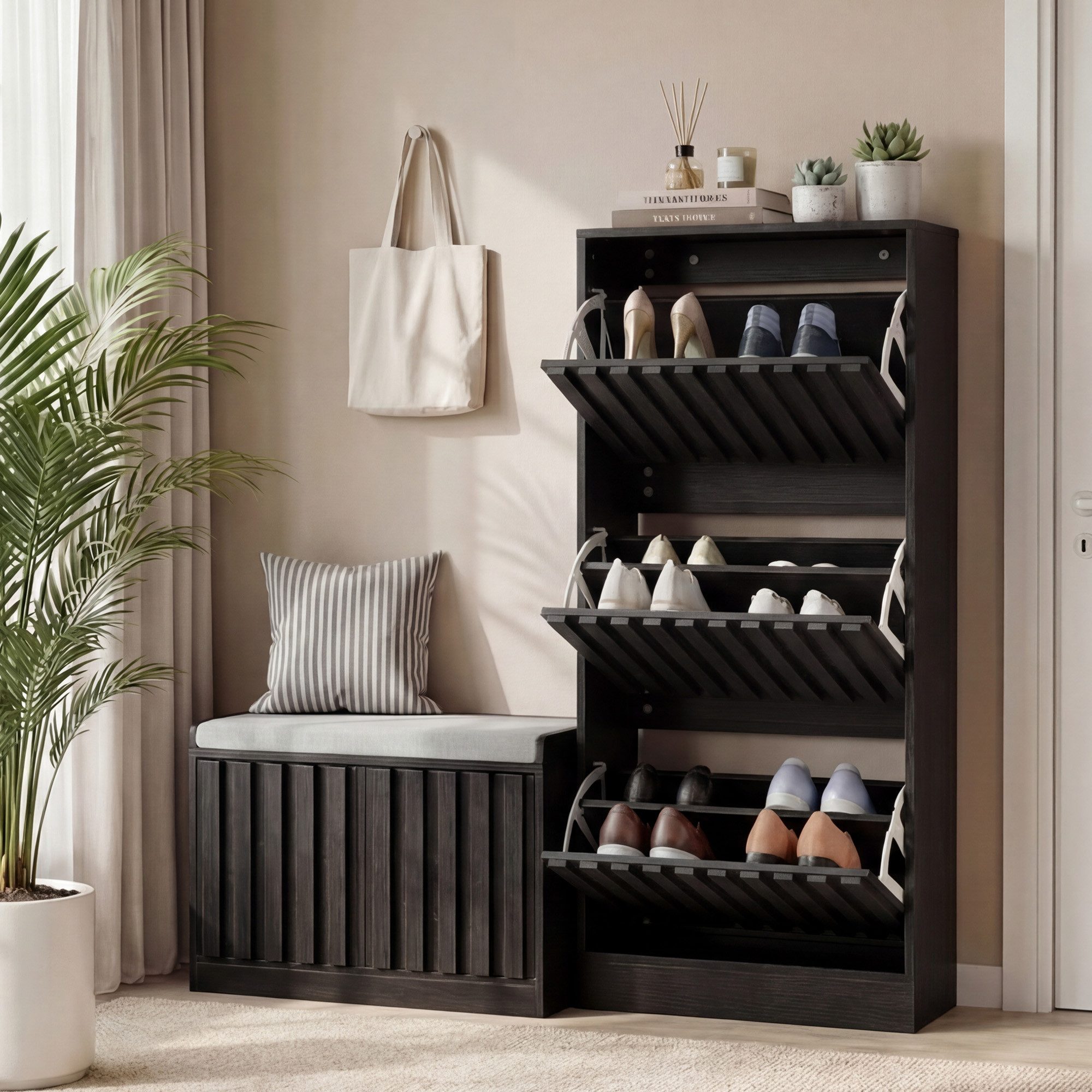UEV Schuhschrank mit 3 Klappen, Schuhkipper schmal Schuhkommode Verstellbare Trennwände für Verschiedene Schuhtypen 60 * 24 * 122cm
