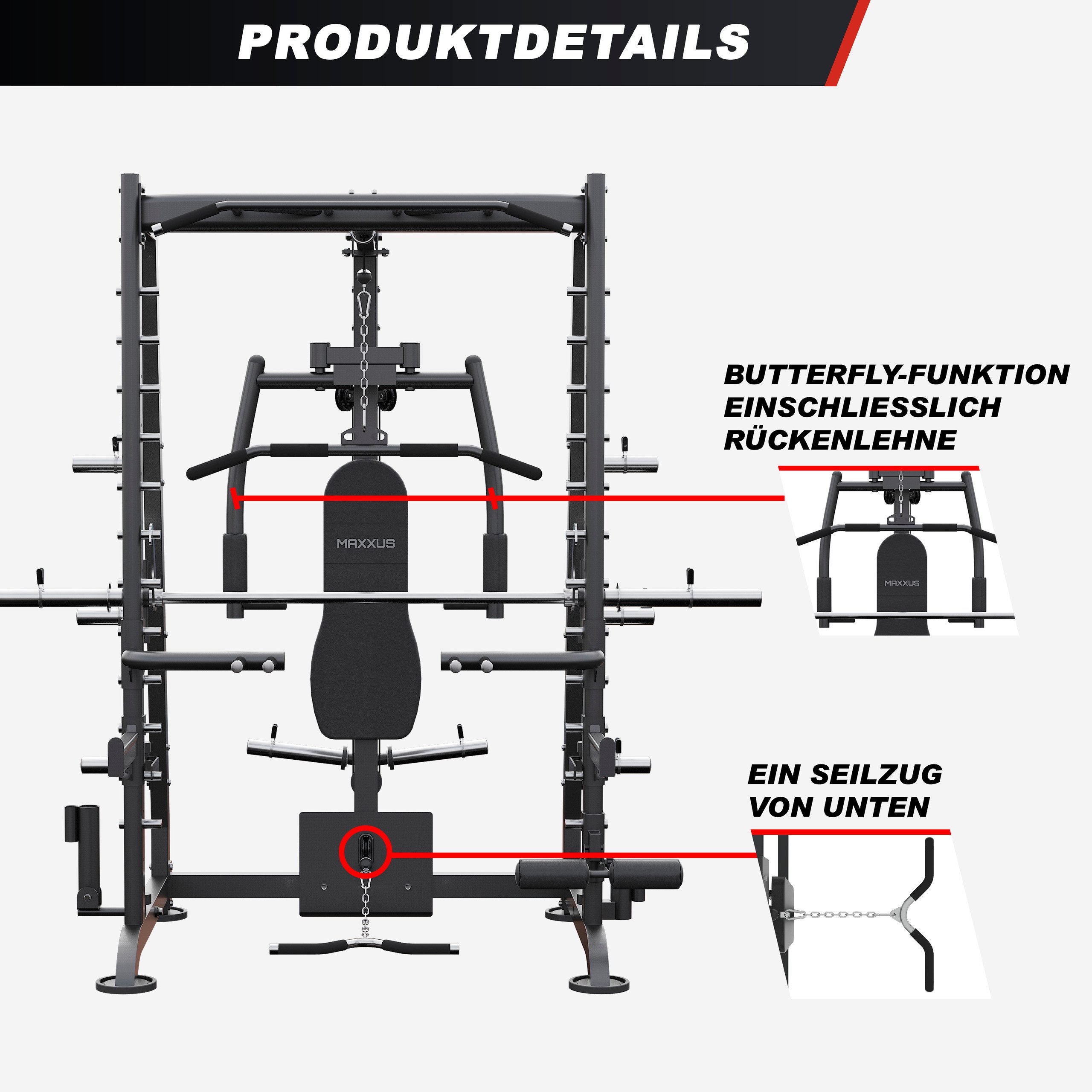 MAXXUS Multipresse 8.1 - Kraftstation, Power Rack, Cage, Smith Machine, mit Hantelbank, (1-tlg), Butterfly, Klimmzug, Dip-Station, Kabelzug, Latzug, Ruderzug, Beincurl